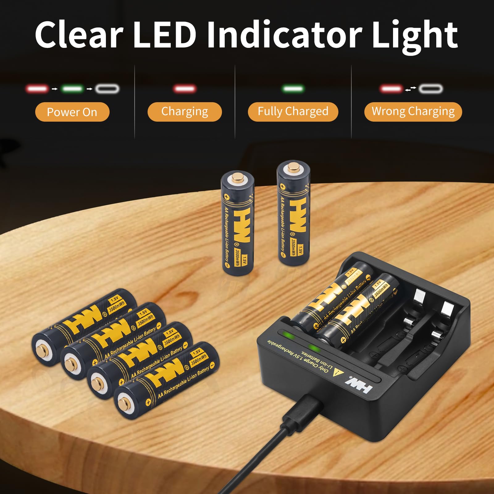 Hw 4 Pack Rechargeable Lithium Batteries Aa, 1.5V 3500Mwh Double A Lithium Ion Batteries With 4-Bay Aa/Aaa Charger, Long Lasting