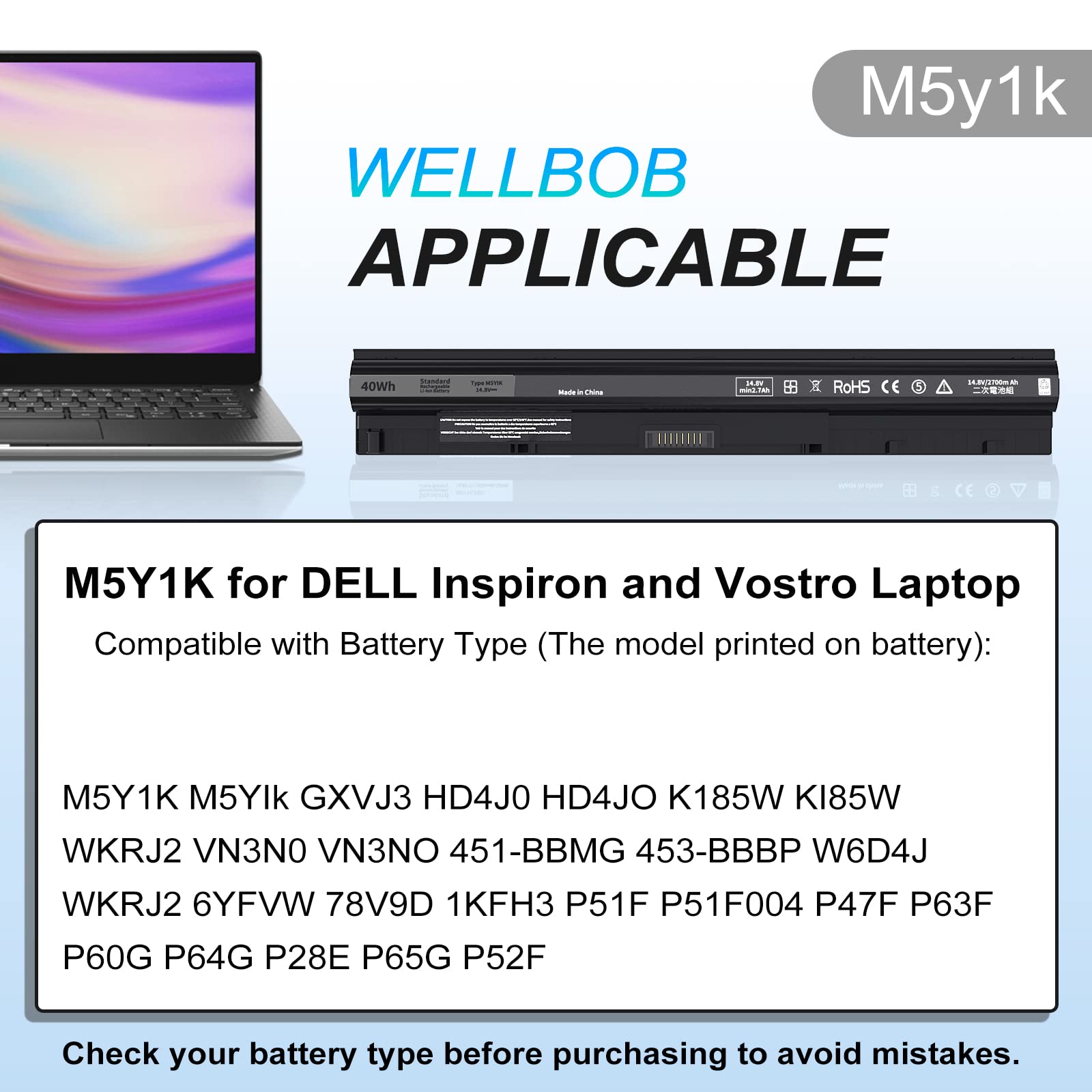 M5Y1K Battery For Dell Inspiron 5559 5558 Battery, For Dell Inspiron 15 3000 5000 Battery 3558 3567 5555 5566 5759, Compatible W