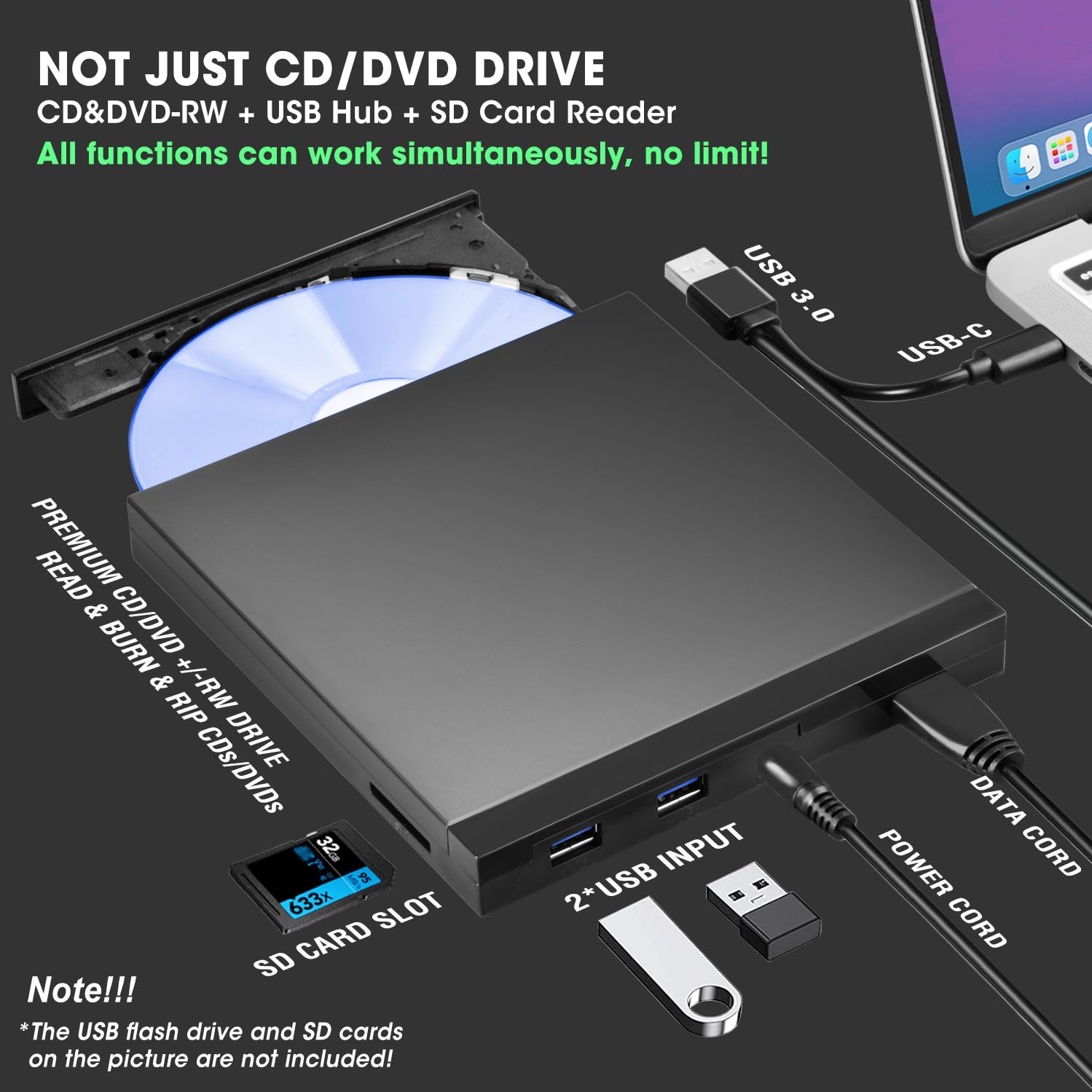 Roofull External Cd Dvd +/ Rw Drive, Cd/Dvd Rom Player Burner With Usb Ports And Sd Card Reader, Portable Usb 3.0 Cd/Dvd Optical