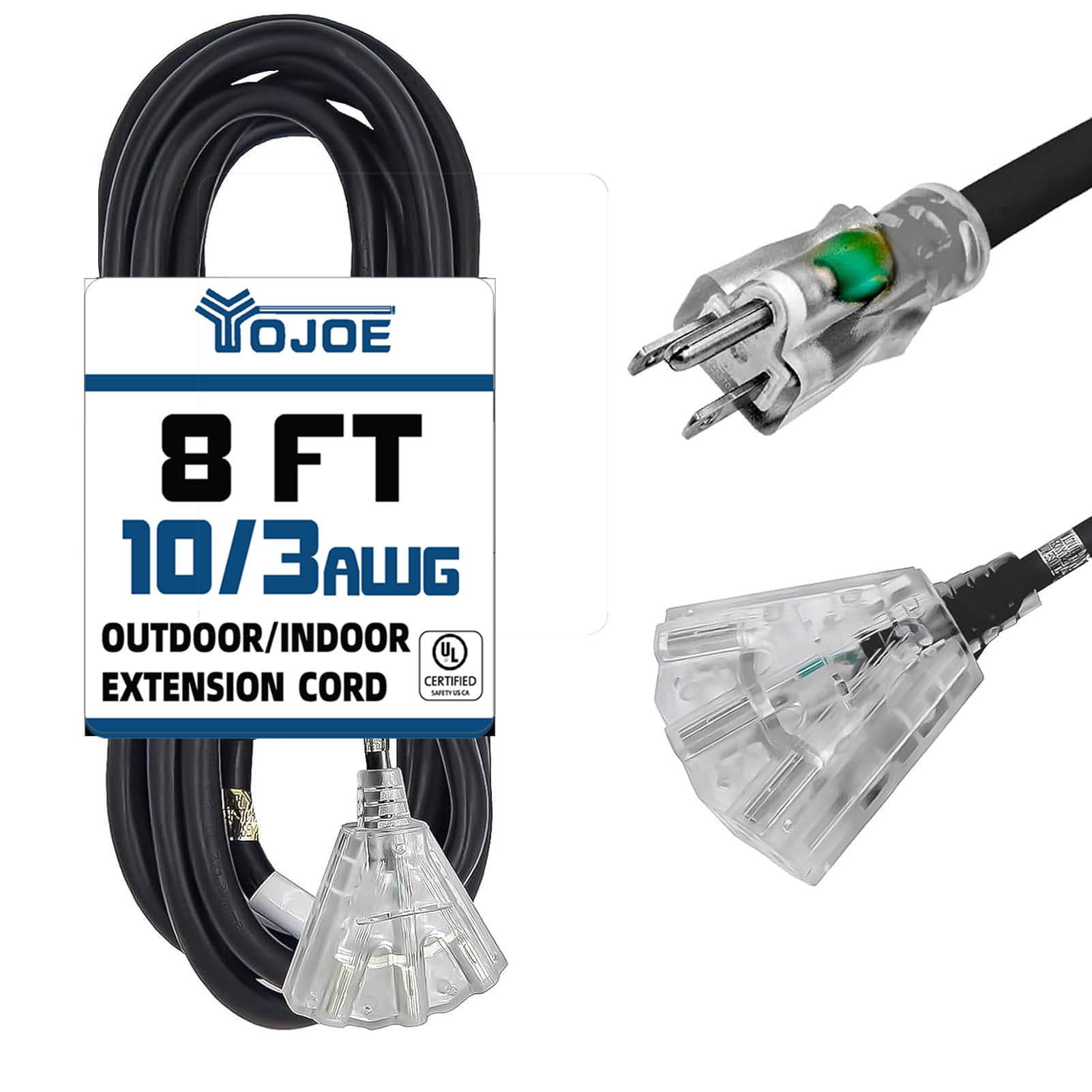 Yojoe 3 Outlets Indoor Outdoor Extension Cord With Lighted End, 3 Prong 15A Weatherproof Power Cord, 10 Gauge Heavy Duty 8 Ft Bl