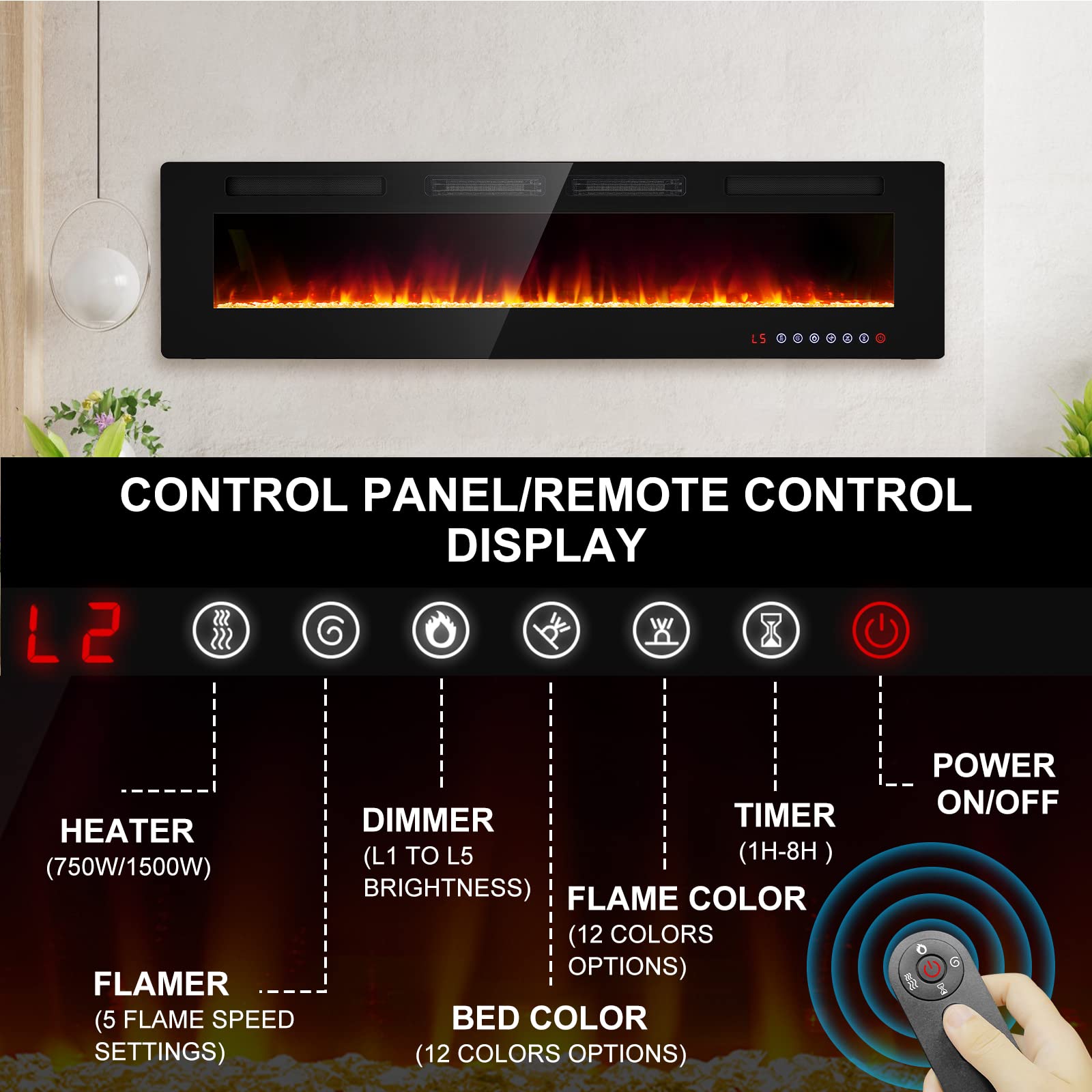 72    Recessed And Wall Mounted Fire Places Electric Fireplace With Remote Control, Toucn Screen