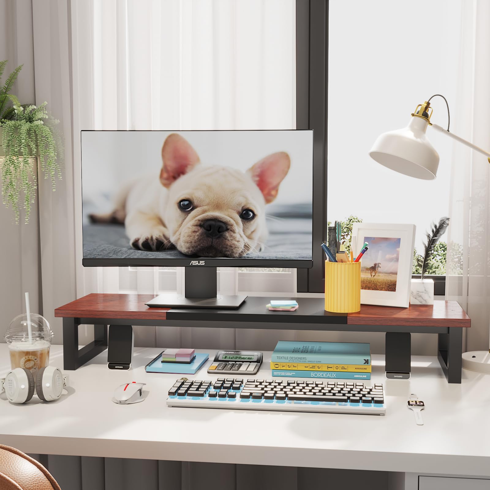 Yaohuoo Dual Monitor Stand Riser, 39Inch Large Monitor Stands For 2 Monitors, Computer Monitor Stand, Wooden Desktop Oraganizer