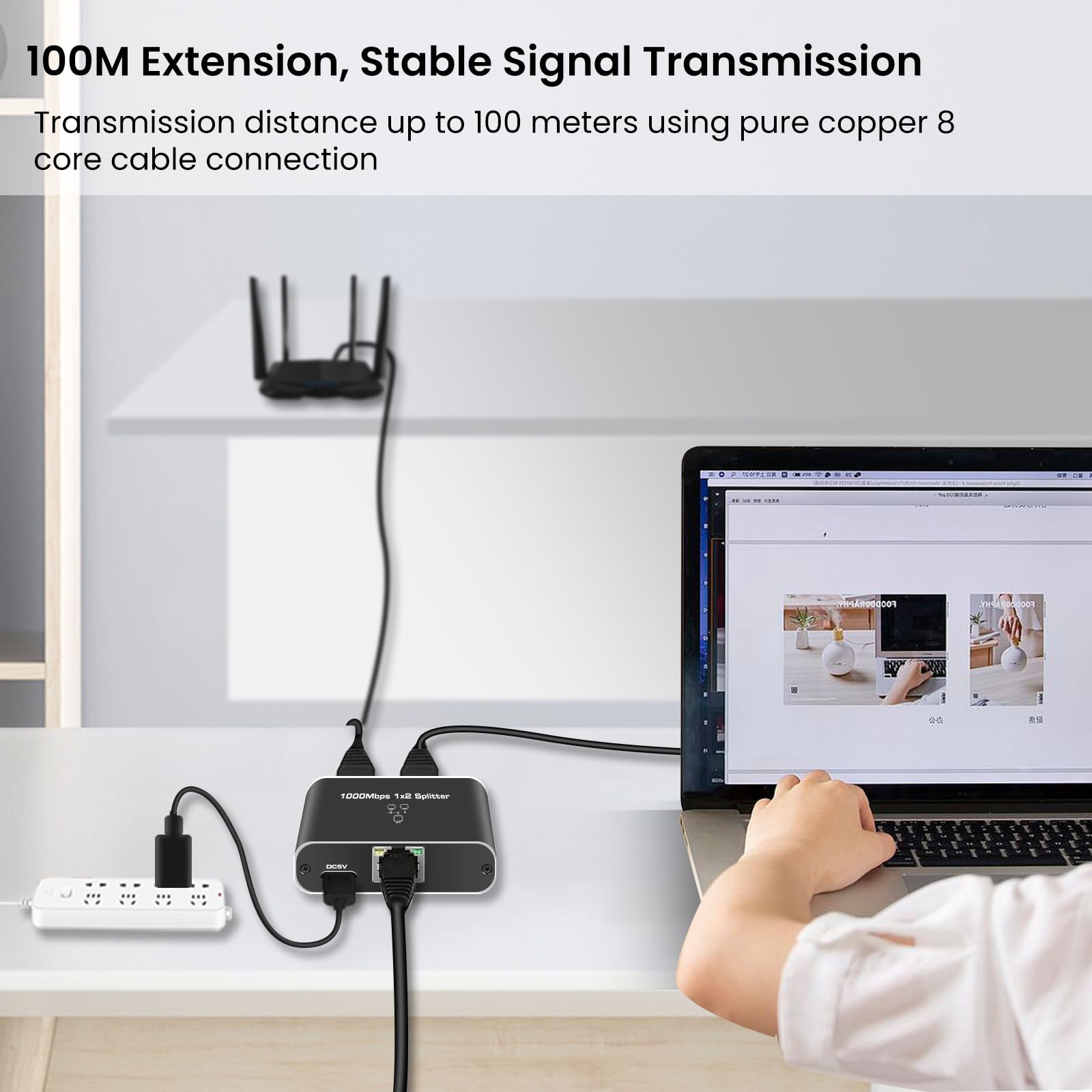 Newcare Rj45 Ethernet Splitter 1 To 2 Out, 1000Mbps Network Splitter With Usb Power Cable, Gigabit Lan Internet Splitter Connect
