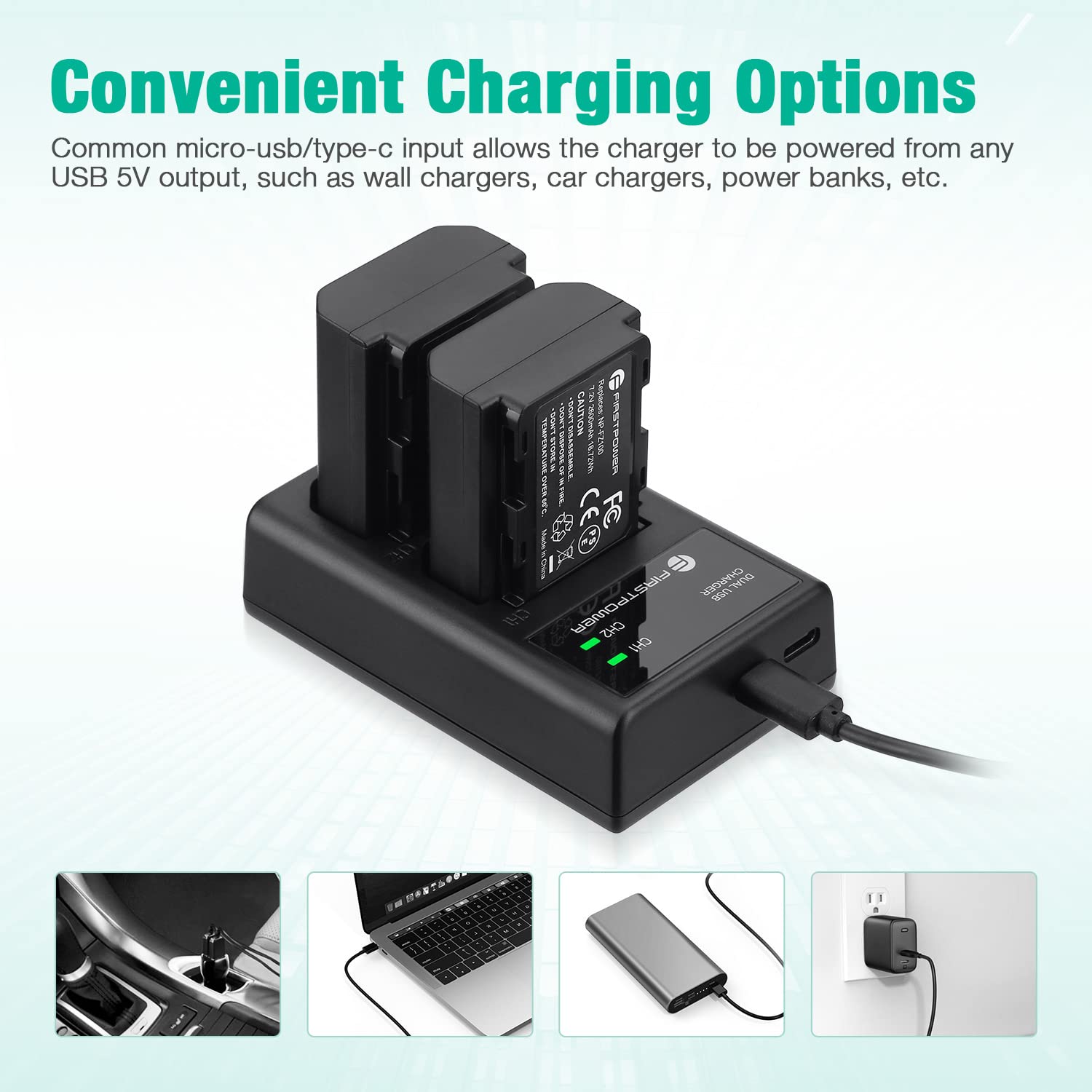 FirstPower NP-FZ100 Battery 2-Pack Dual USB Charger for Sony Alpha A7 III IV R III IV S III C A6600 A1 A9 FX3 FX30 ZV-E1 Cameras Black