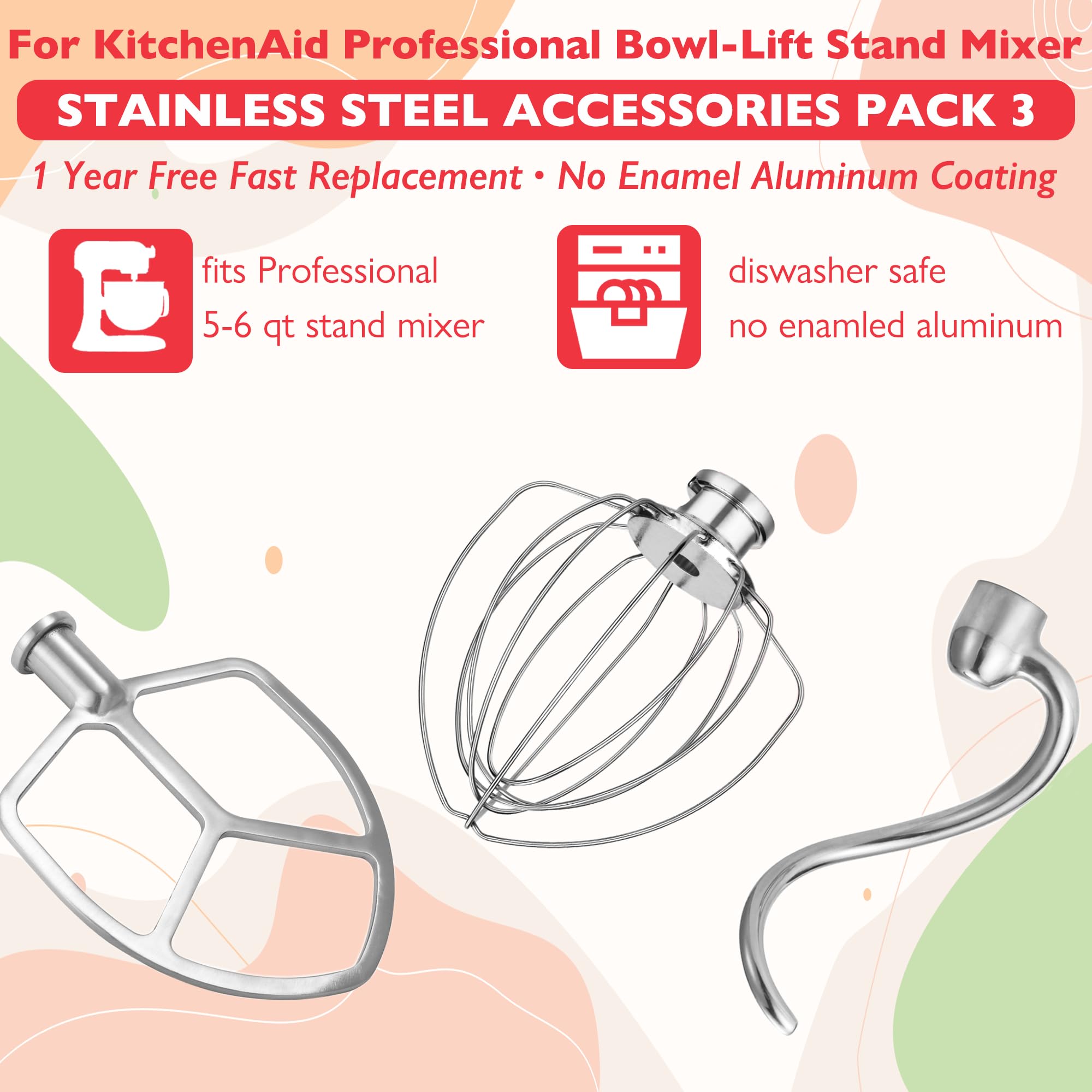 Wiselet Stainless Steel Accessories For Kitchenaid 5.5 6 Qt Bowl Lift Stand Mixer, Includes 6 Wire Whisk, Beater, Dough Hook, Di