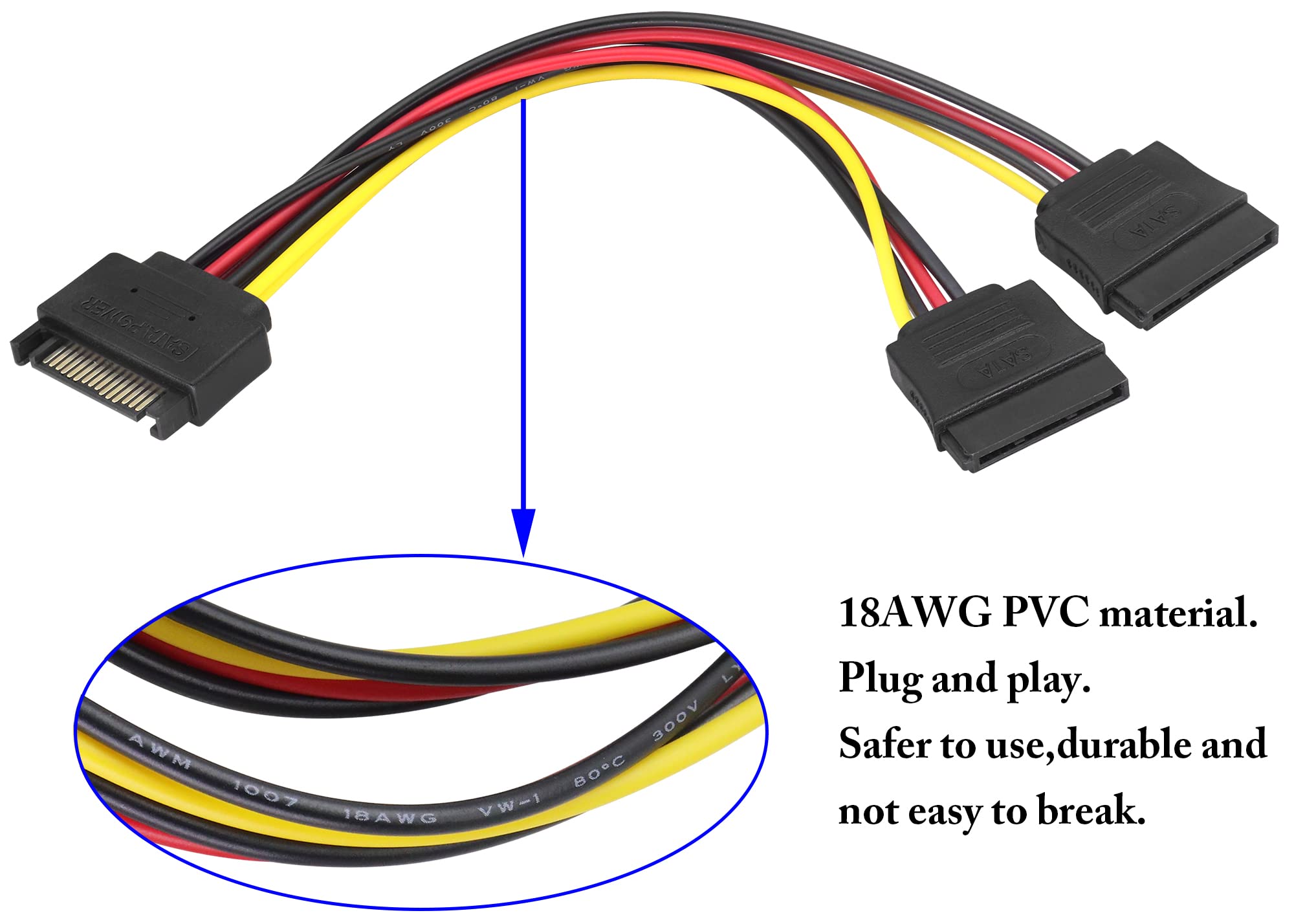 Zdycgtime 15Pin Sata Power Supply 1 To 2 Y Splitter Cable,Sata 15Pin 1 Male To 2 Female Interface Extension Cable,15Pin Desktop