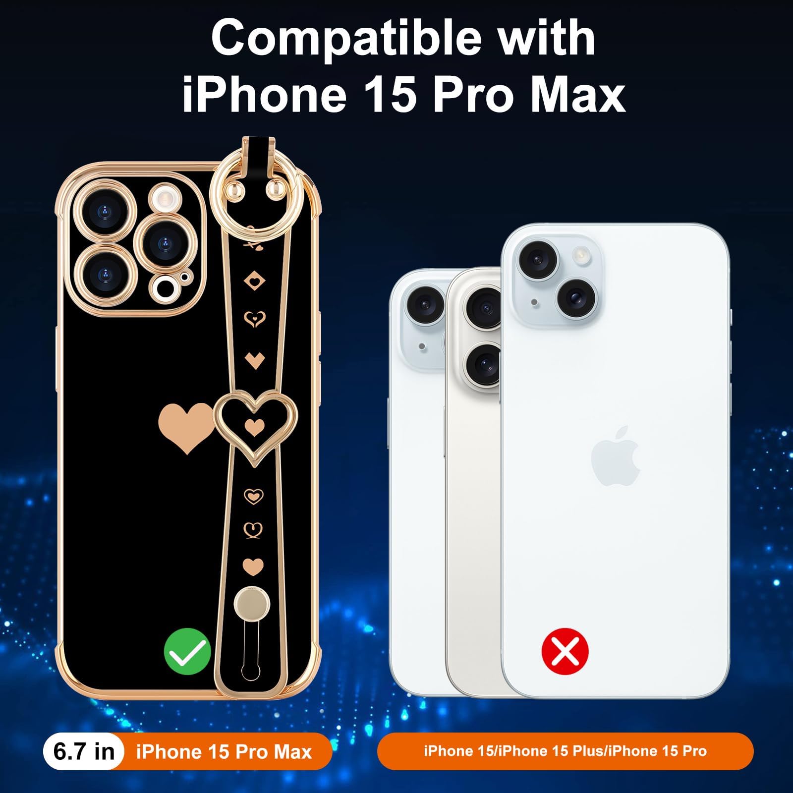 Llz.Coque For Iphone 15 Pro Max Case With Strap For Women Girls [2   Screen Protectors], Cute Love Hearts Design, Wristband Kick