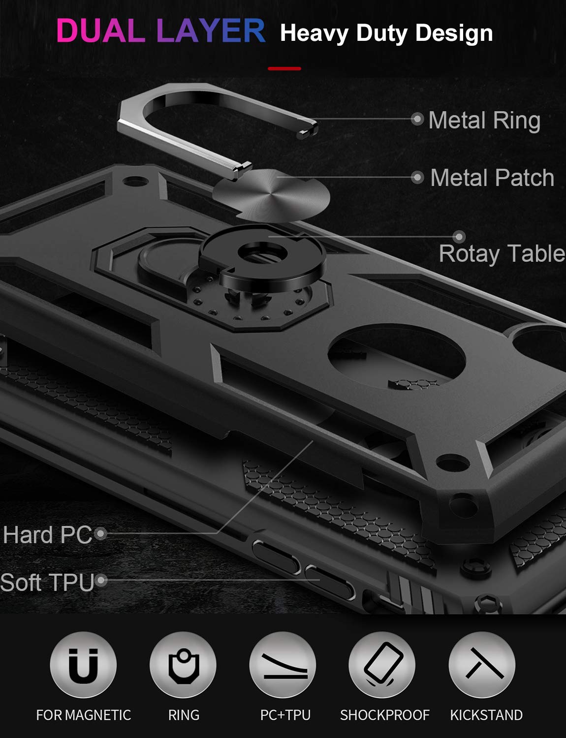 LUMARKE iPhone Xs Max Case Military Grade 16ft Drop Tested Magnetic Ring Kickstand Plastic Black