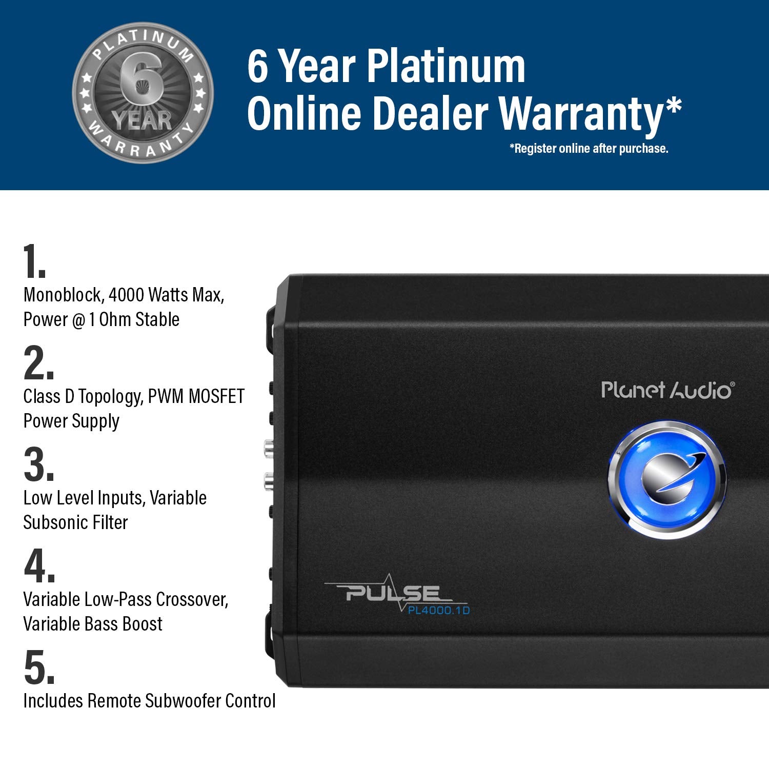 Planet Audio PL4000.1D Pulse Series Class D Monoblock Car Amplifier 4000W 1 Ohm Stable MOSFET