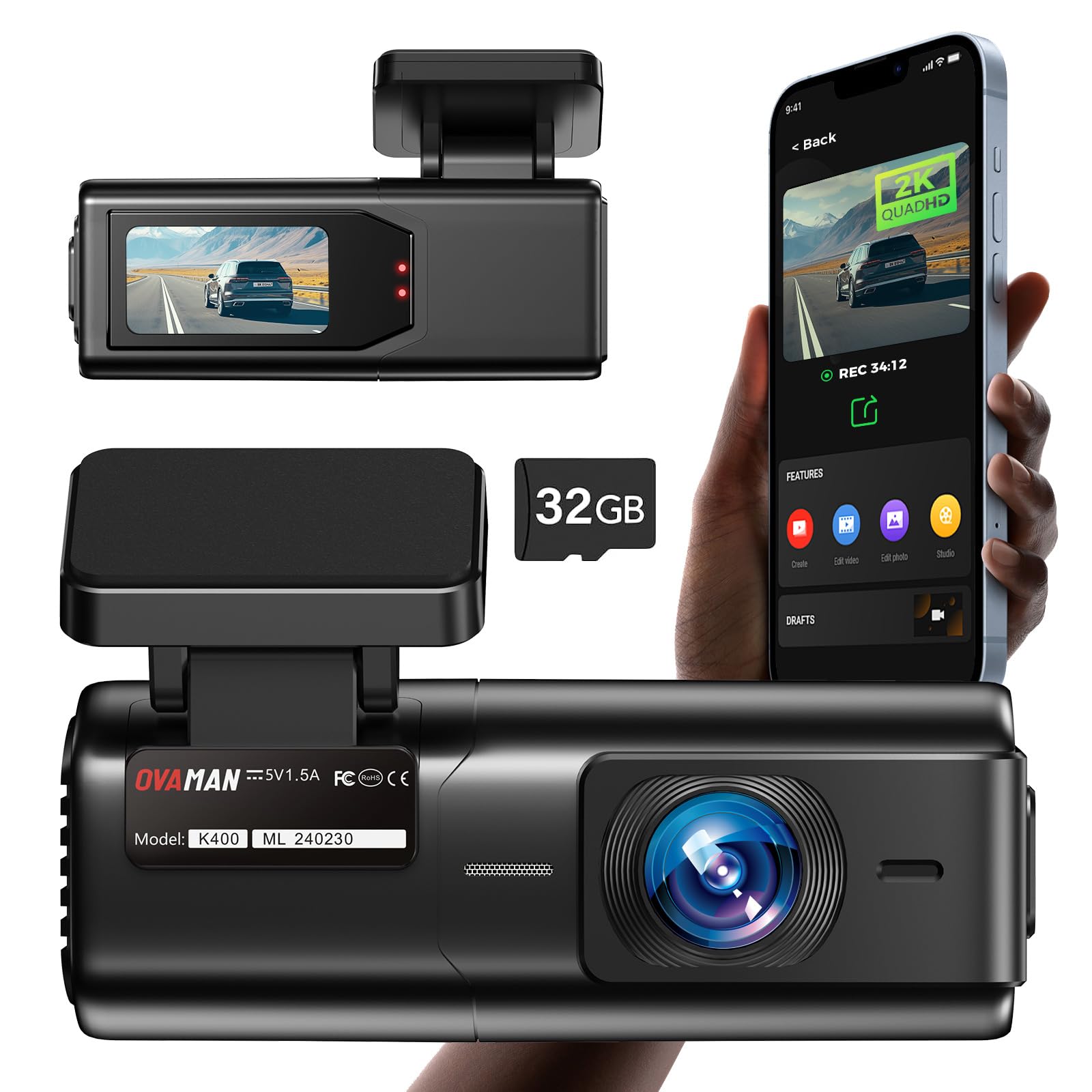 Dash Cam 2K 1440P WiFi Car Camera with 1.47 inch IPS Screen,2K Front Dash Camera for Cars, Mini Dashcams for Cars with Night Vis