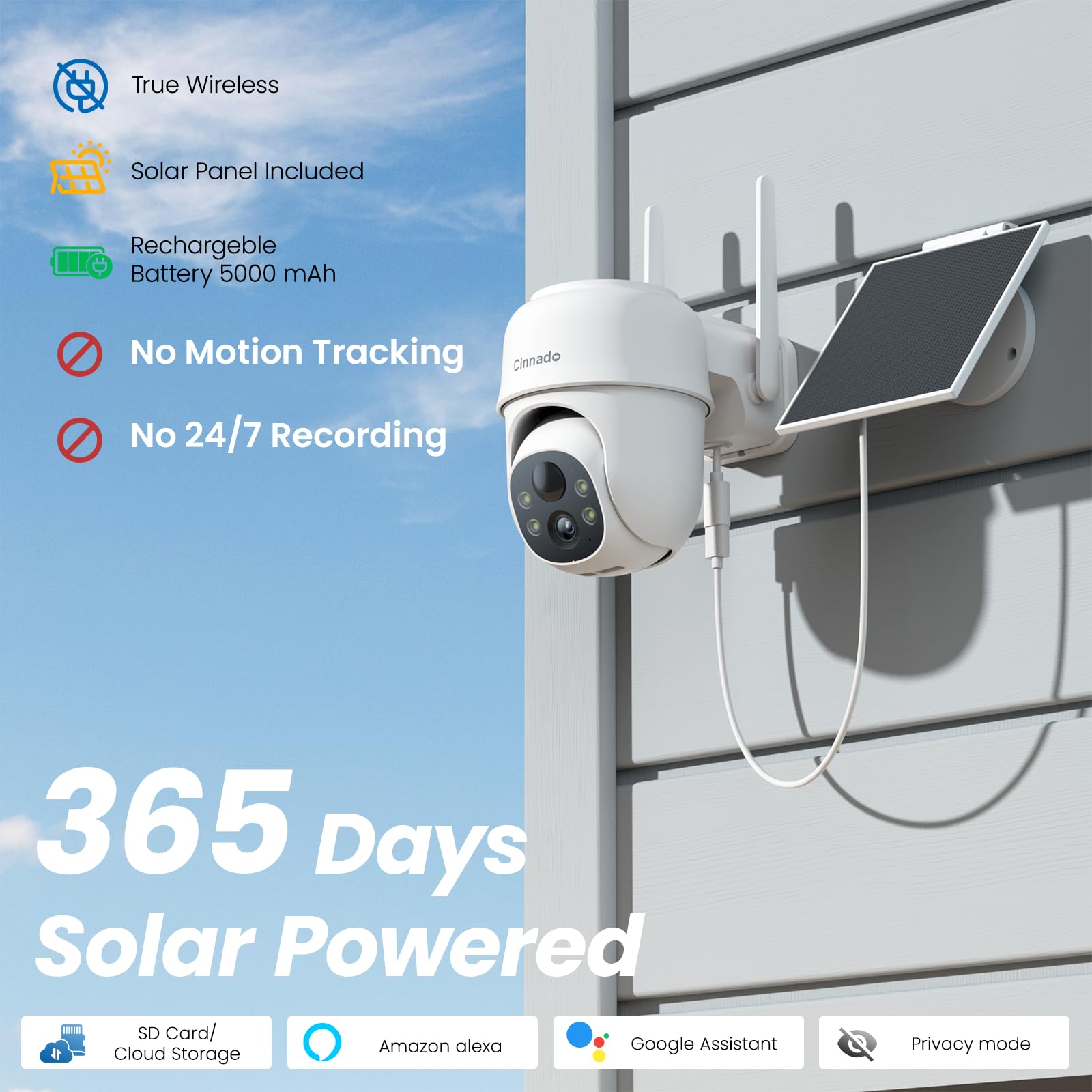 Cinnado 2K Cameras For Home Security 2.4G Wifi Outdoor Camera Wireless Solar/Battery Powered, 360 Viewing, Human Detection, Colo