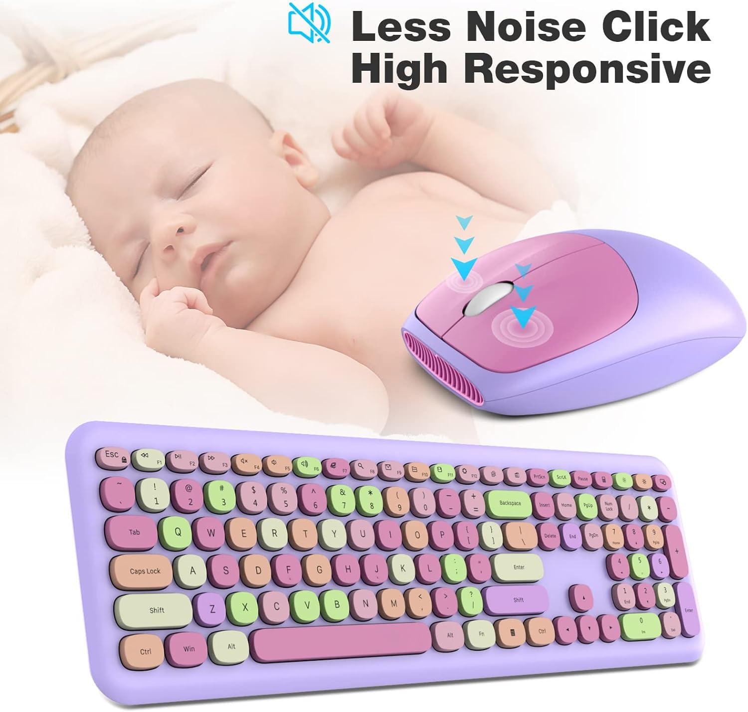 Knowsqt Wireless Keyboard And Mouse Combo, Pale Purple Full Sized 2.4G Silent Keycap Colorful Keyboards, Usb Dongle Plug Play, L