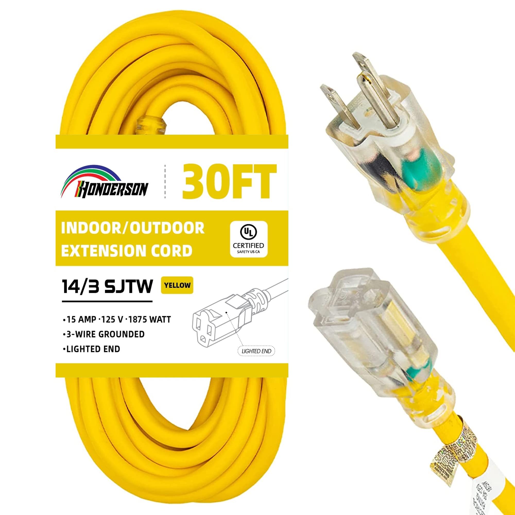 Honderson Indoor Outdoor Extension Cord Weatherproof With Lighted End, Ul Listed, 14 Gauge 30Ft Yellow 3 Prong Heavy Duty Extens