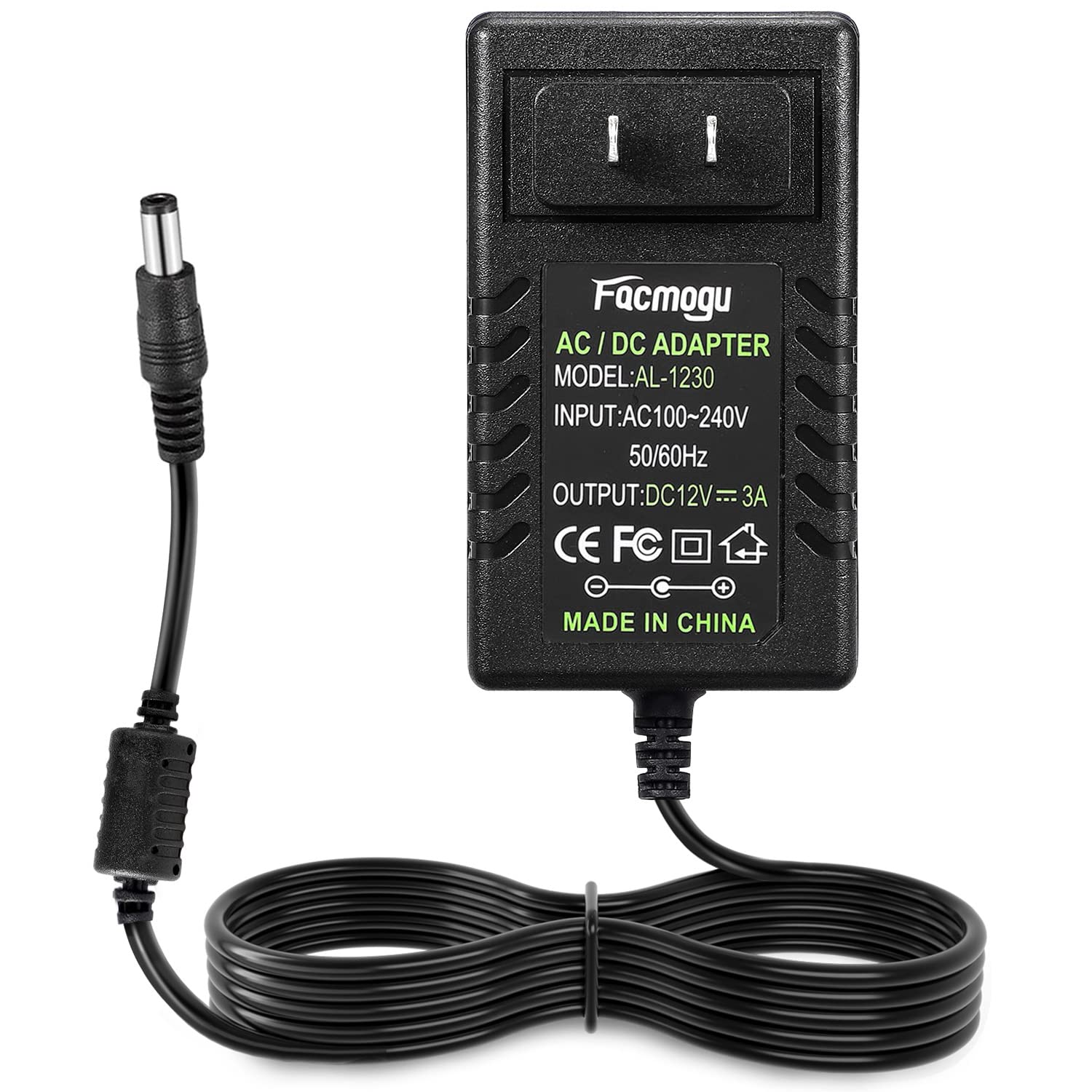 Facmogu Dc 12V 3A Power Supply Ac Adapter, Ac 100 240V To Dc 12 Volt Wall Plug Transformers 36W With 150Cm/ 4.92 Feet Long Cable, Wall Mounted Power Adapter With Barrel Connector 5.5X2.5Mm & 5.5X2.1Mm