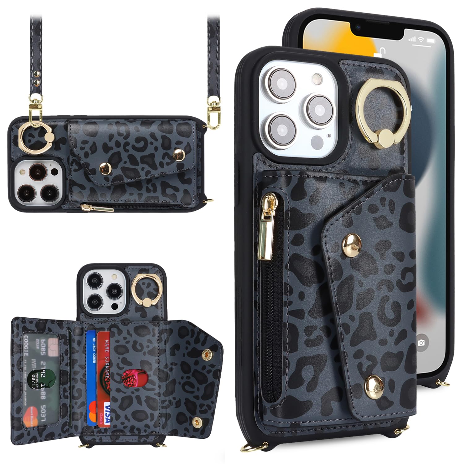 Lipvina For Iphone 13 Pro Case With Card Holder And Strap - Zipper Pocket,Crossbody Lanyard Strap,Credit Card Holder,Stand Ring,