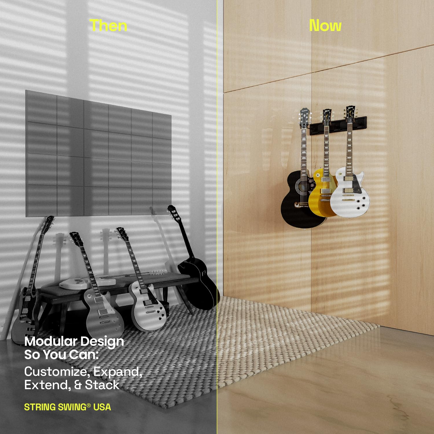 String Swing Guitar Wall Rack, Multiple Guitar Wall Mount, Guitar Organizer For Acoustic & Electric Guitars, 3 Padded Arm Hanger