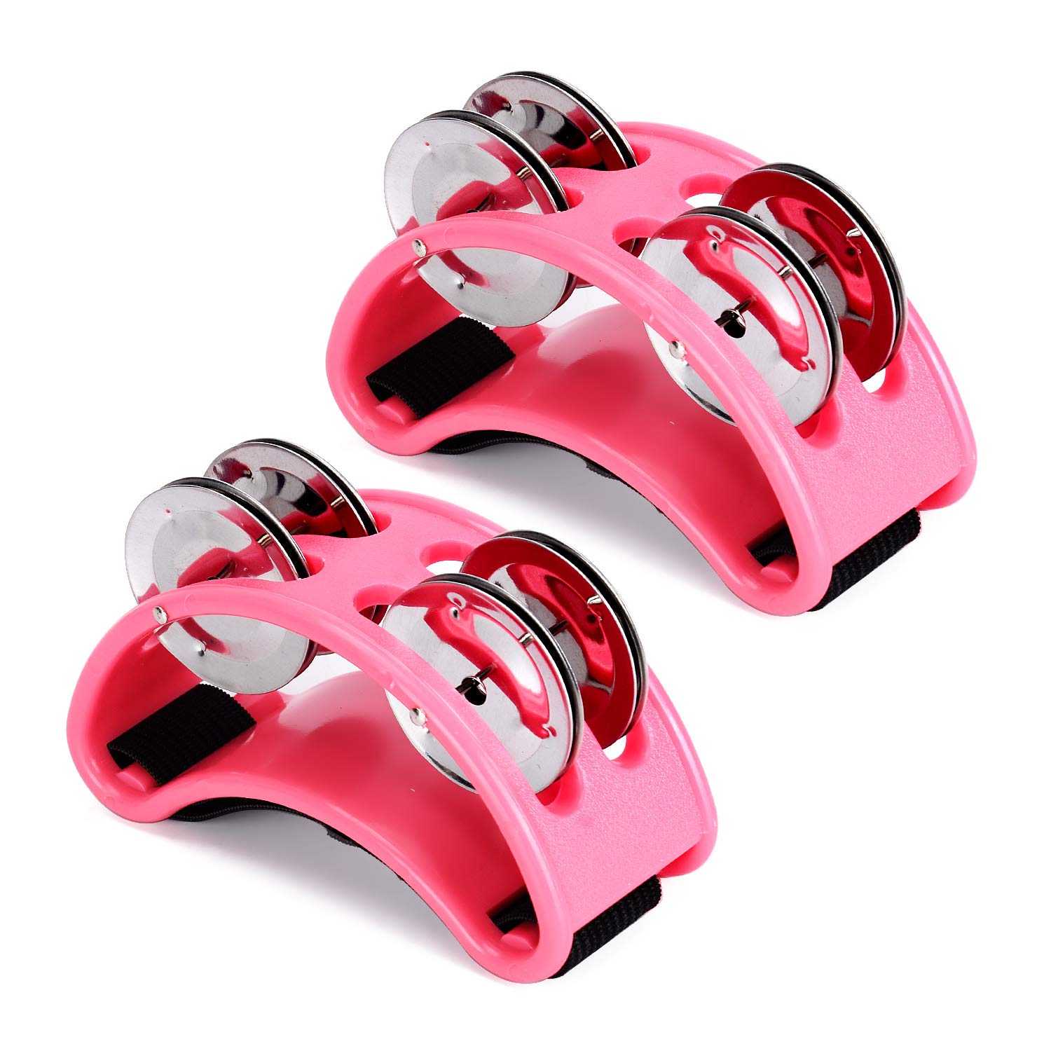 Facmogu 2Pcs Foot Tambourine, Musical Instrument Percussion Pedal With Steel Jingle Bells For Drum & Guitar Playing, Abs Foot Percussion Shakers With Elastic Strap, Foot Drum Set Accessories   Pink