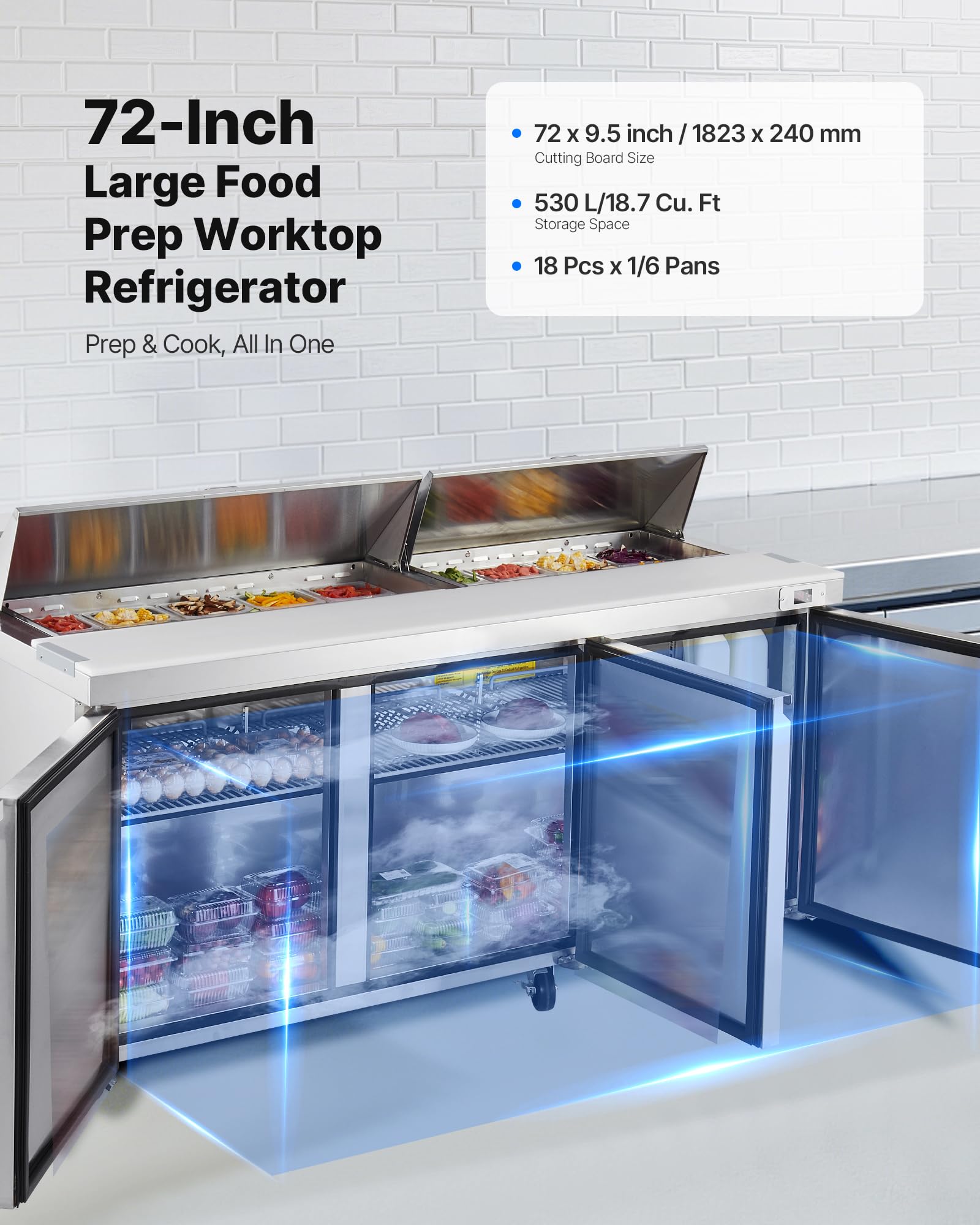 Vevor 72W Commercial Refrigerator, 18.7 Cu. Ft Sandwich Prep Refrigerated Table, Mega Top Food Prep Fridge With 18 Pans And Cutt