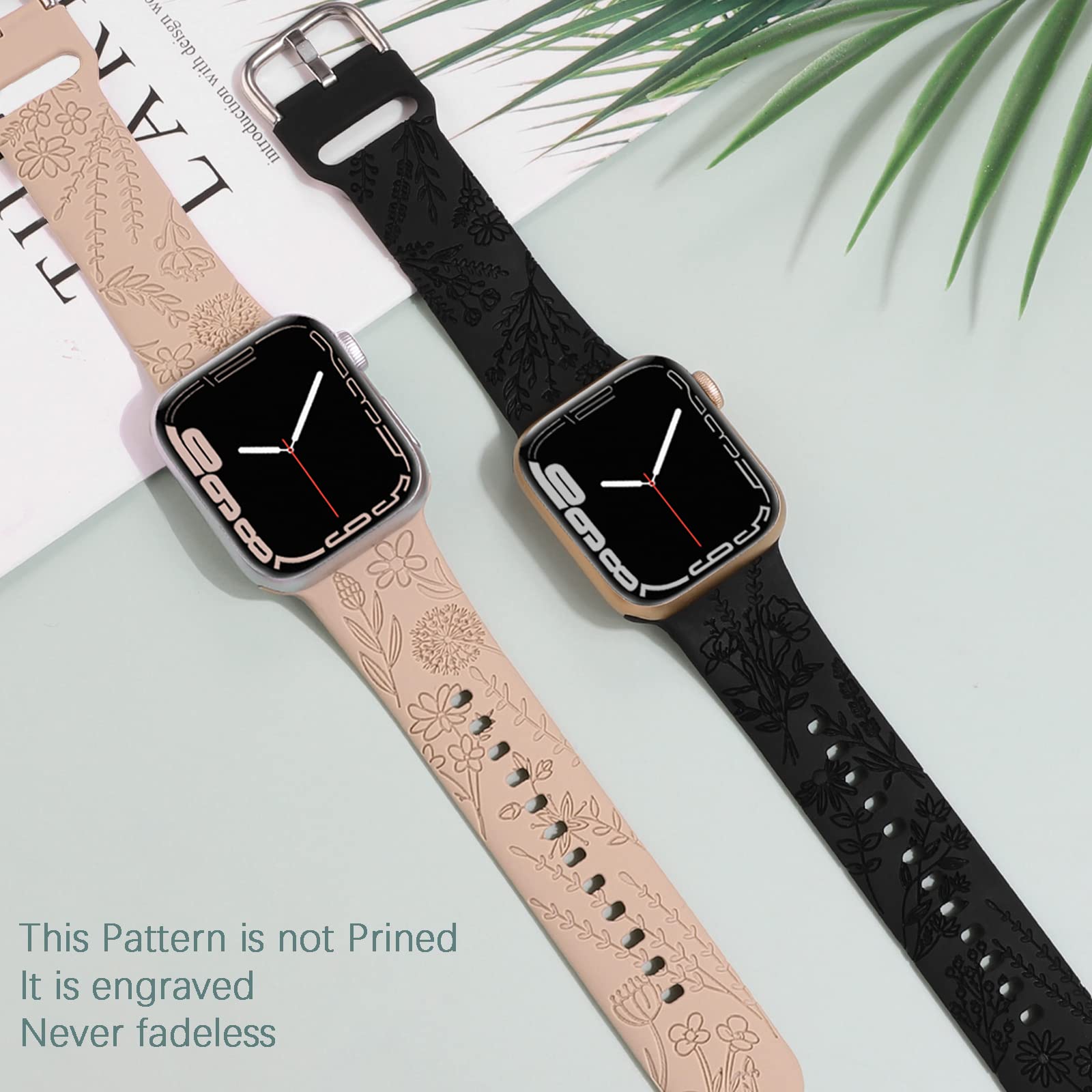 Flower Engraved Silicone Band Compatible With Apple Watch Bands 38Mm 40Mm 41Mm, Cute Women Wildflowers Floral Design Soft Sport