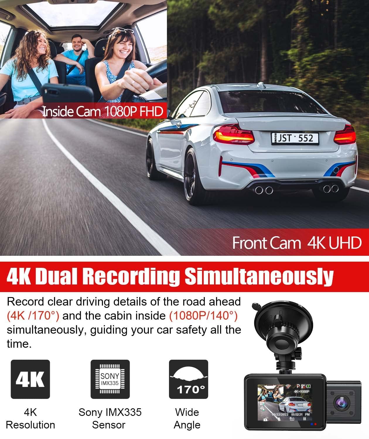 Lamonke 4K Dash Cam With Gps Wi Fi, Front And Inside Dual 4K+1080P, Car Camera With Night Vision, Supercapacitor, G Sensor, Park