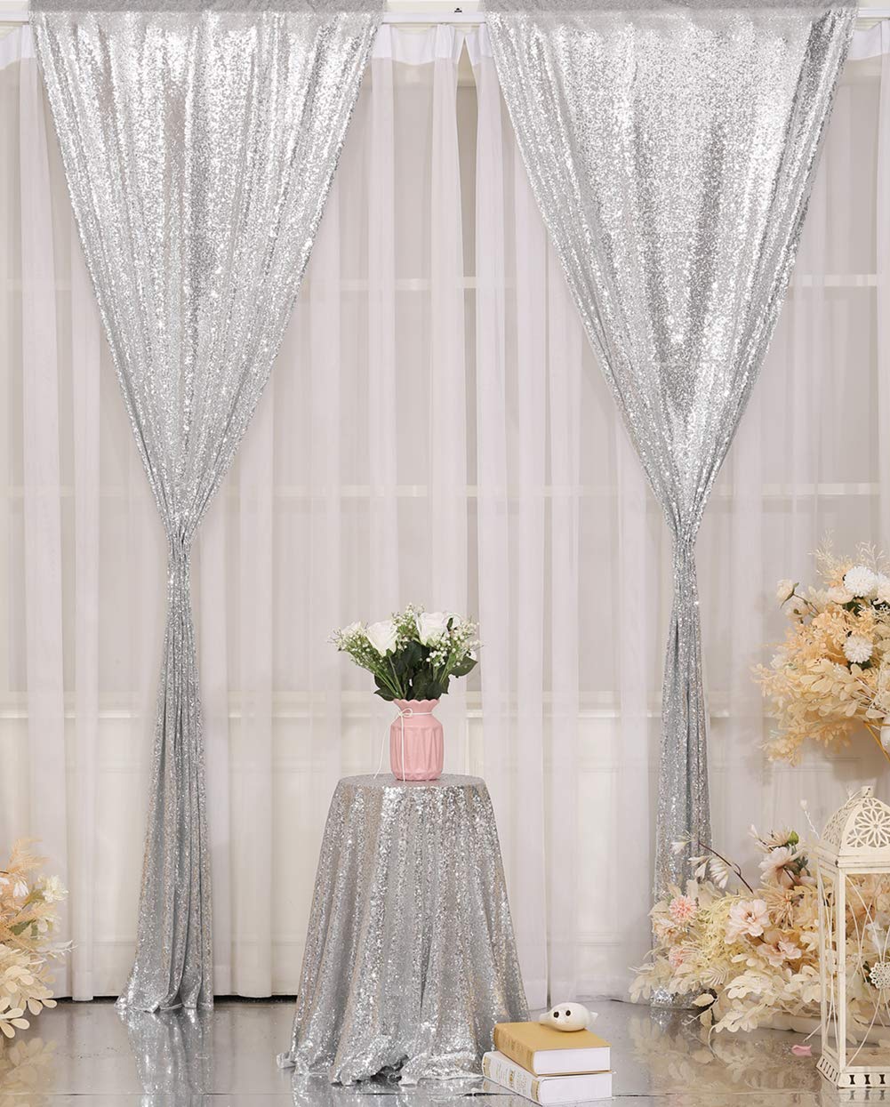 Poise3Ehome Sequin Backdrop, 2 Pcs Silver 2Ftx8Ft Curtains For Party, Wedding, Event, Photography