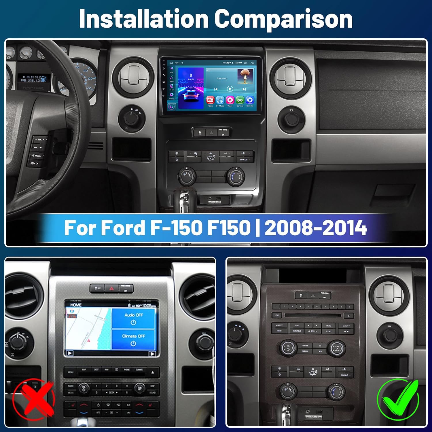 Roinvou 2+64G Android Car Stereo For Ford F 150 F150 2009 2012, 9'' Touchscreen In Dash Gps Navigation With Wireless Carplay And