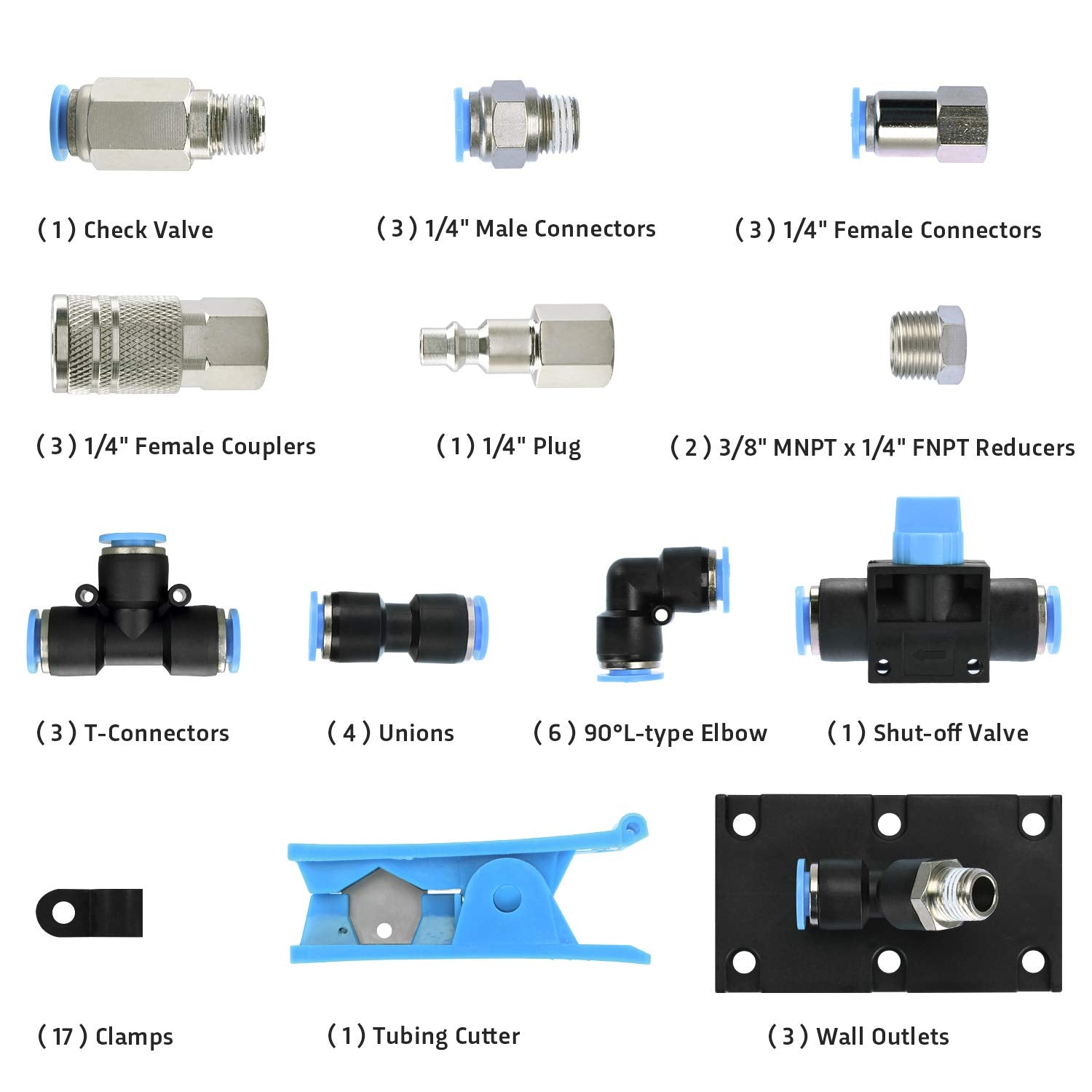Wynnsky Shop Air Line Kit, 3/8 Inch (9.5Mm) Od    60 Feet Nylon Compressed Air Pipe, 200Psi, Cutter, Tees, Mounting Clips, Conne