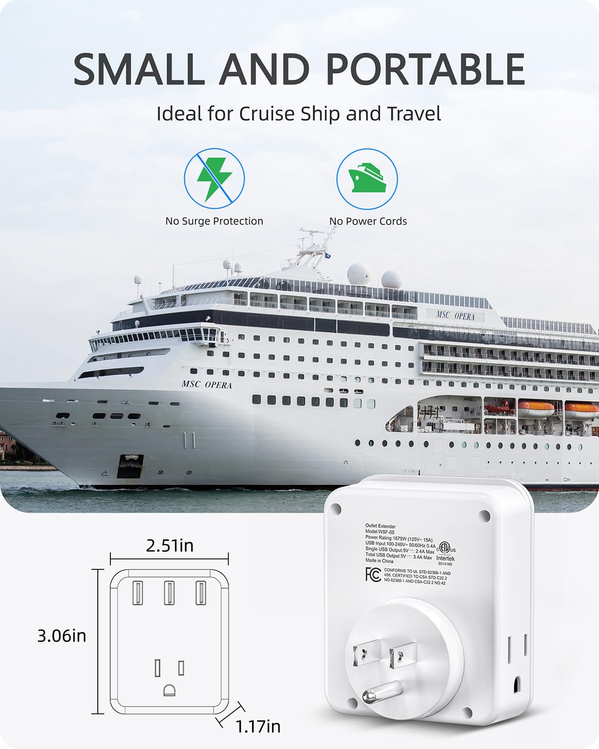 Lencent Multi Plug Outlet Extender, 2 Pack, 3 Outlets Splitter With 3 Usb Ports, Usb Brick, Wall Charger, 3 Prong Power Charging