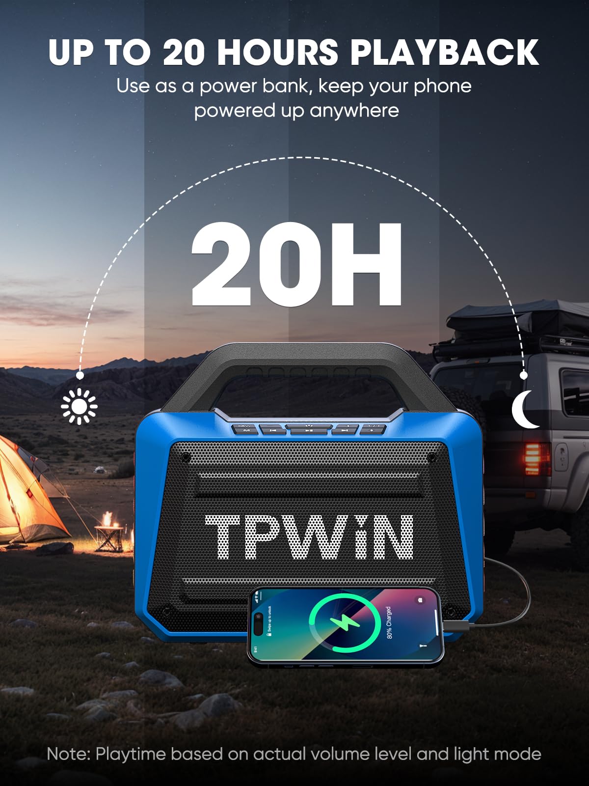 Tpwin Portable Bluetooth Speakers Loud - Wireless Speaker 80W Peak, Light Show, 20H Playtime, Strong Bass, Bt 5.3, Tws, Ipx6 Wat