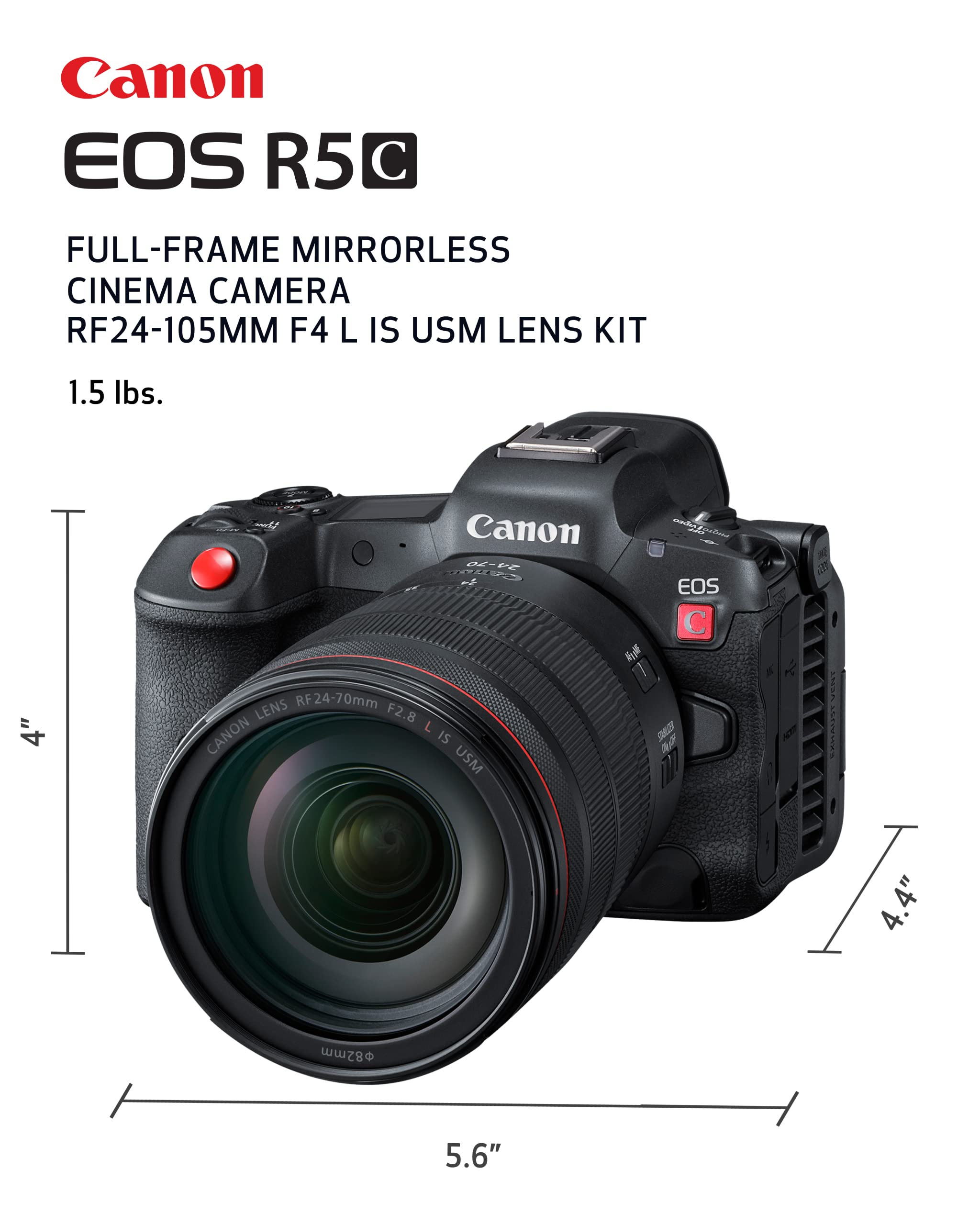 Canon Eos R5 C Rf24-105Mm F4 L Is Usm Lens Kit 8K/60P Ff Sensor Pro Cinema/Photo Camera, Rf Mount, Internal Raw, 8K Hdmi Raw Out