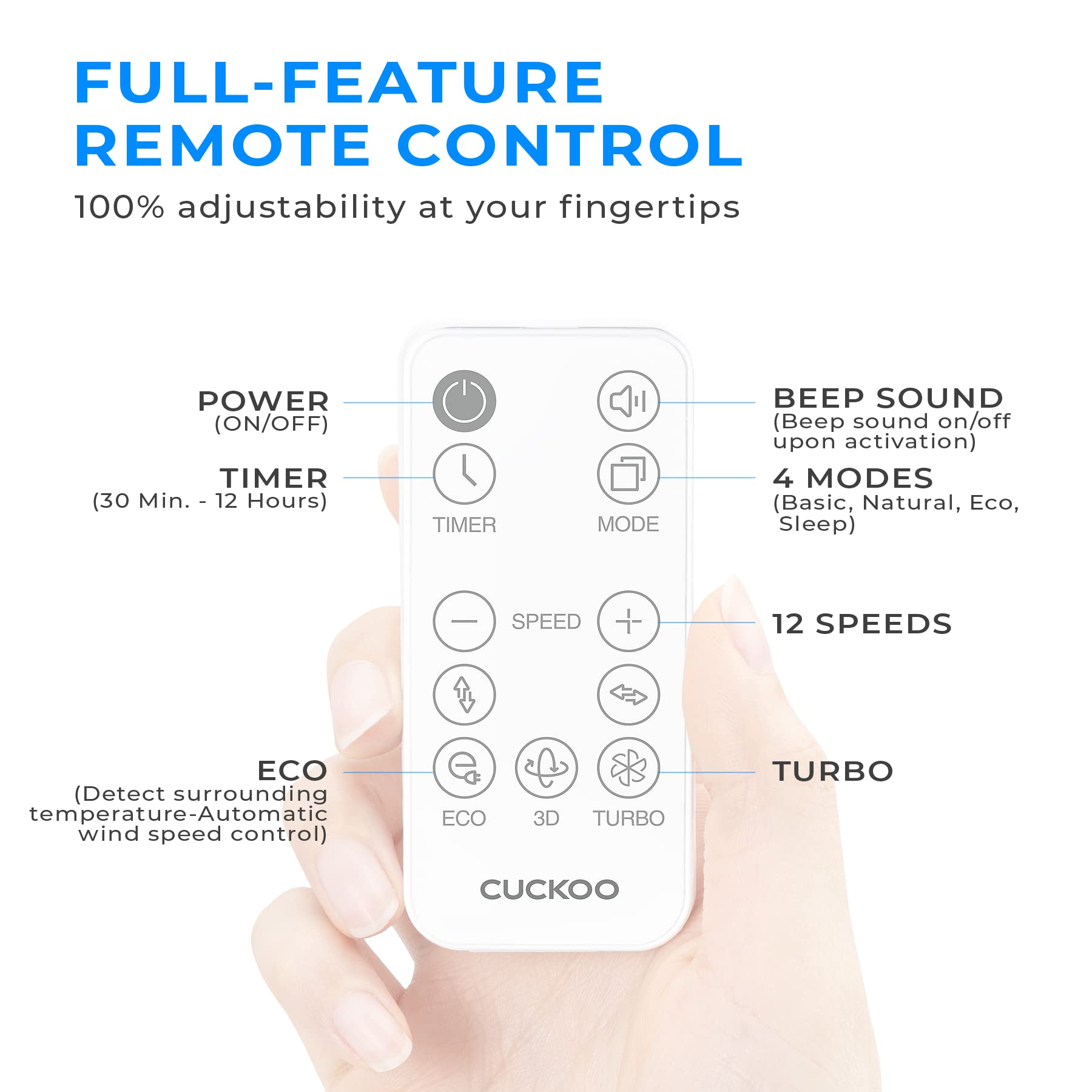 Cuckoo Oscillating Fan For Bedroom, Standing Pedestal Floor Fan With 12 Speeds & 4 Wind Modes, Adjustable Height With Remote, Quiet Bldc Electric Motor, Ideal For Any Room, White (Cf Ac1410Wh)