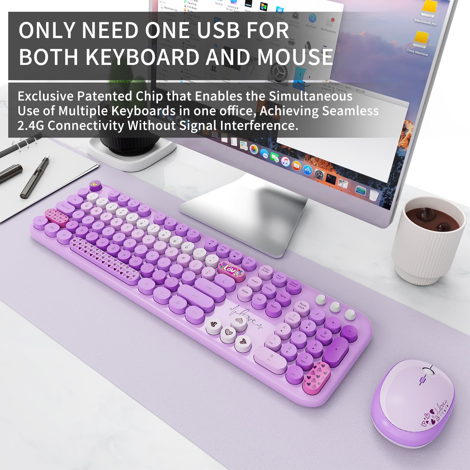 Wireless Keyboard And Mouse Set, 104 Round Keys Full Size Cute Colorful Keyboard And Mouse With Retro Typewriter For Pc/Mac/Lapt