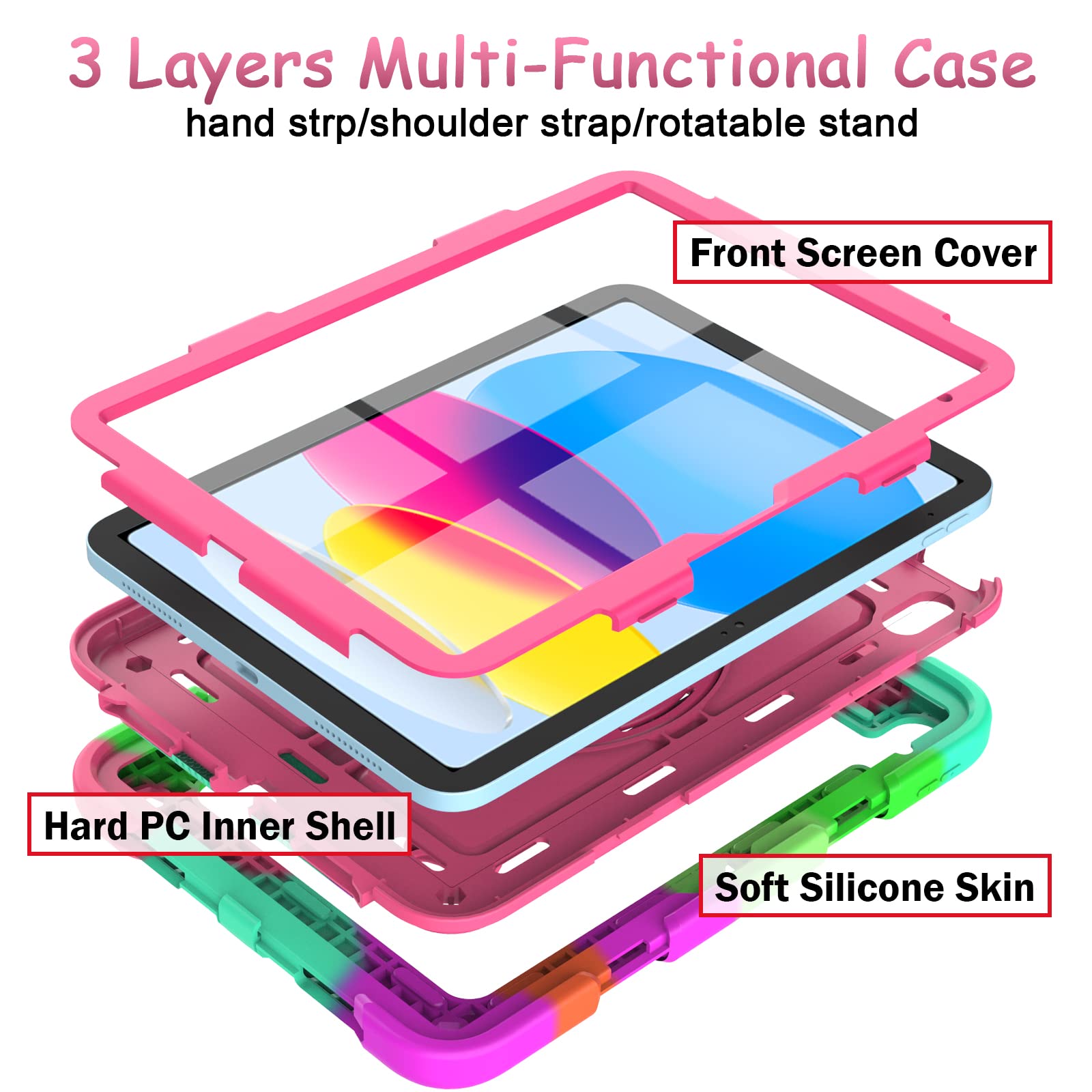 Bmouo New Ipad 10Th Generation Case   Ipad 10.9 2022 Case With Screen Protector, 360 Rotating Stand & Pencil Holder & Hand & Sho