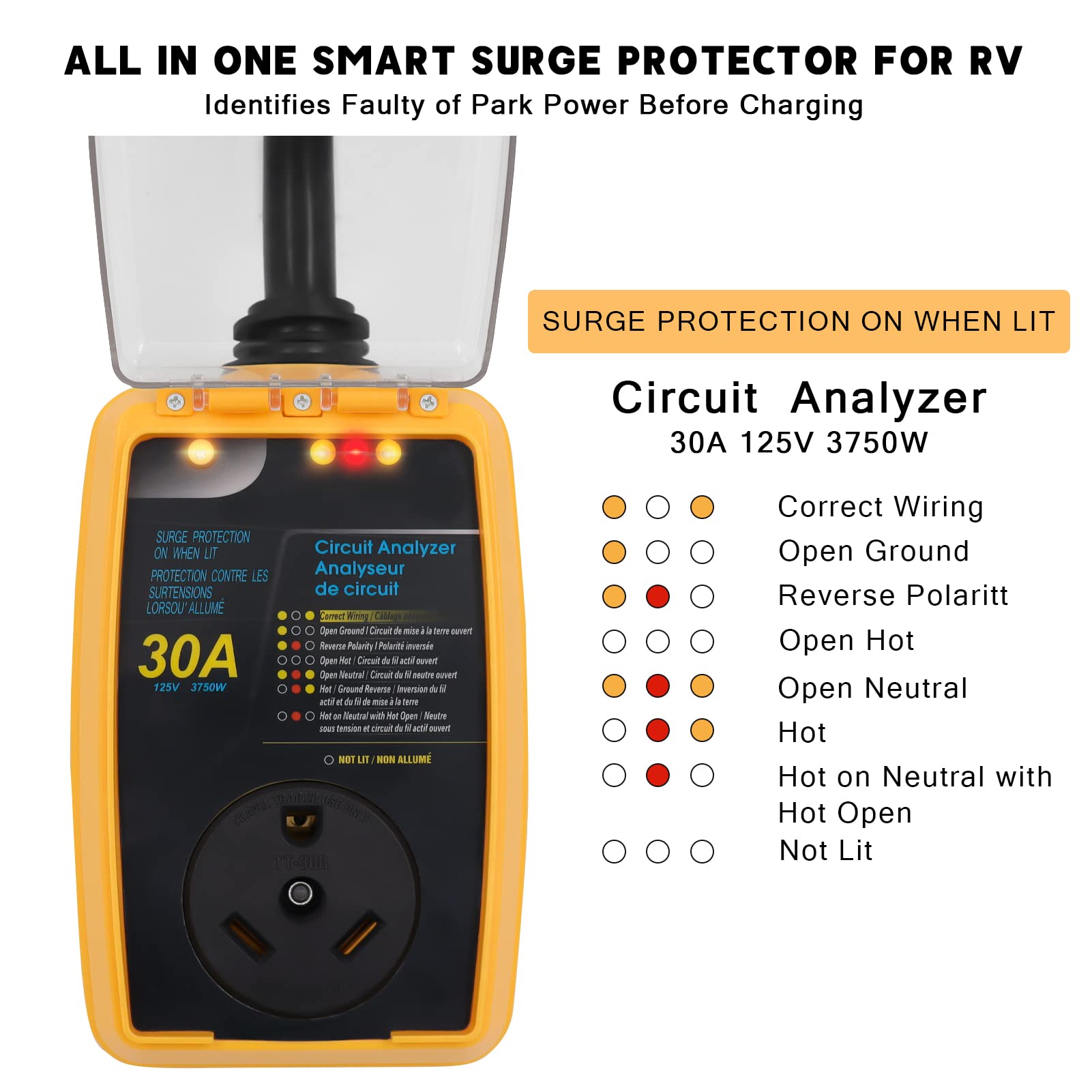 Rv Surge Protector 30 Amp Smart Rv Surge Protector With Waterproof Cover All In 1 Circuit Analyzer Power Guard For Rv, Camper, T