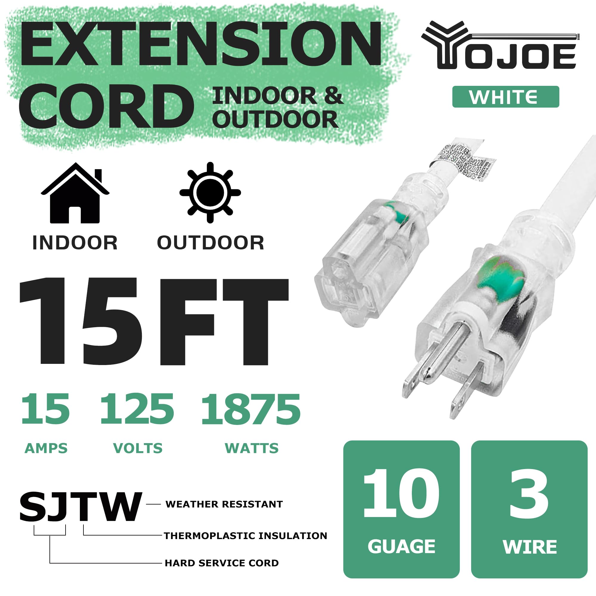 Yojoe Indoor Outdoor Extension Cord With Lighted End, 3 Prong 15A Weatherproof Power Extension Cord, 10 Gauge Heavy Duty 15 Ft W