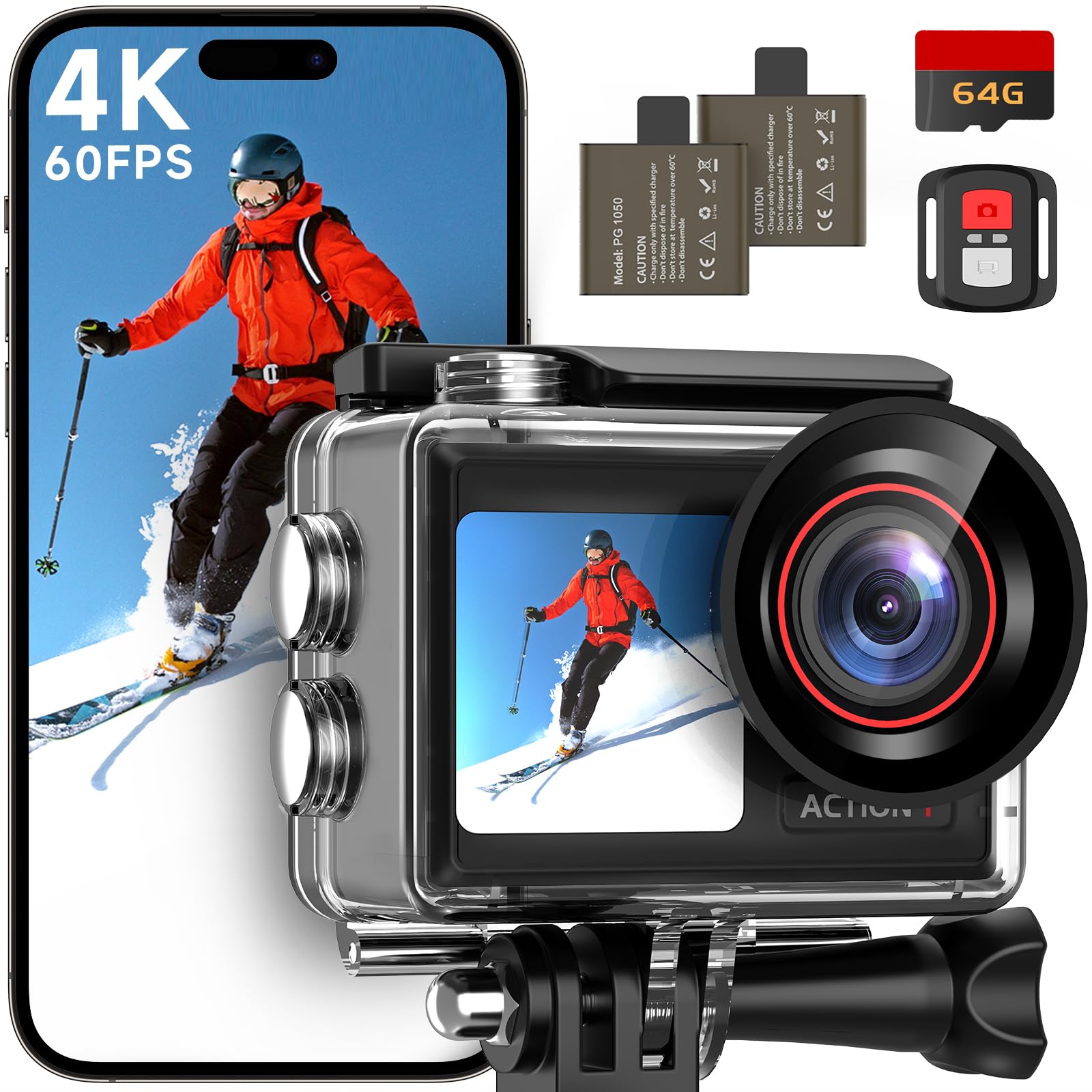 ODDV 4K60FPS 30MP Action Camera with Front LCD and Touch Rear Screens, Underwater Camera with 64GB Memory Card, 132FT Waterproof
