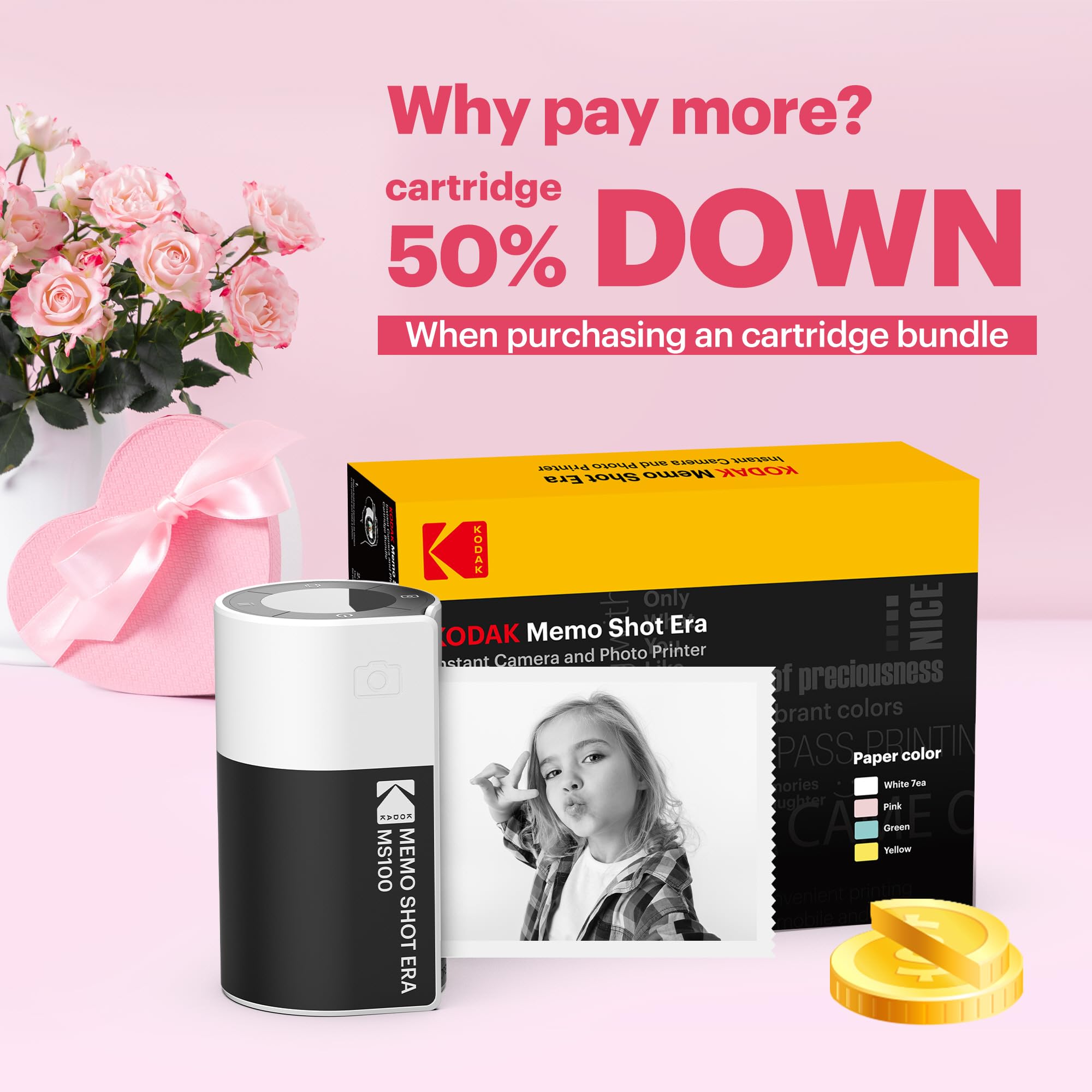 Kodak Memo Shot Era Kids Instant Digital Camera And Photo Label Printer (White, Camera + 10 Rolls)