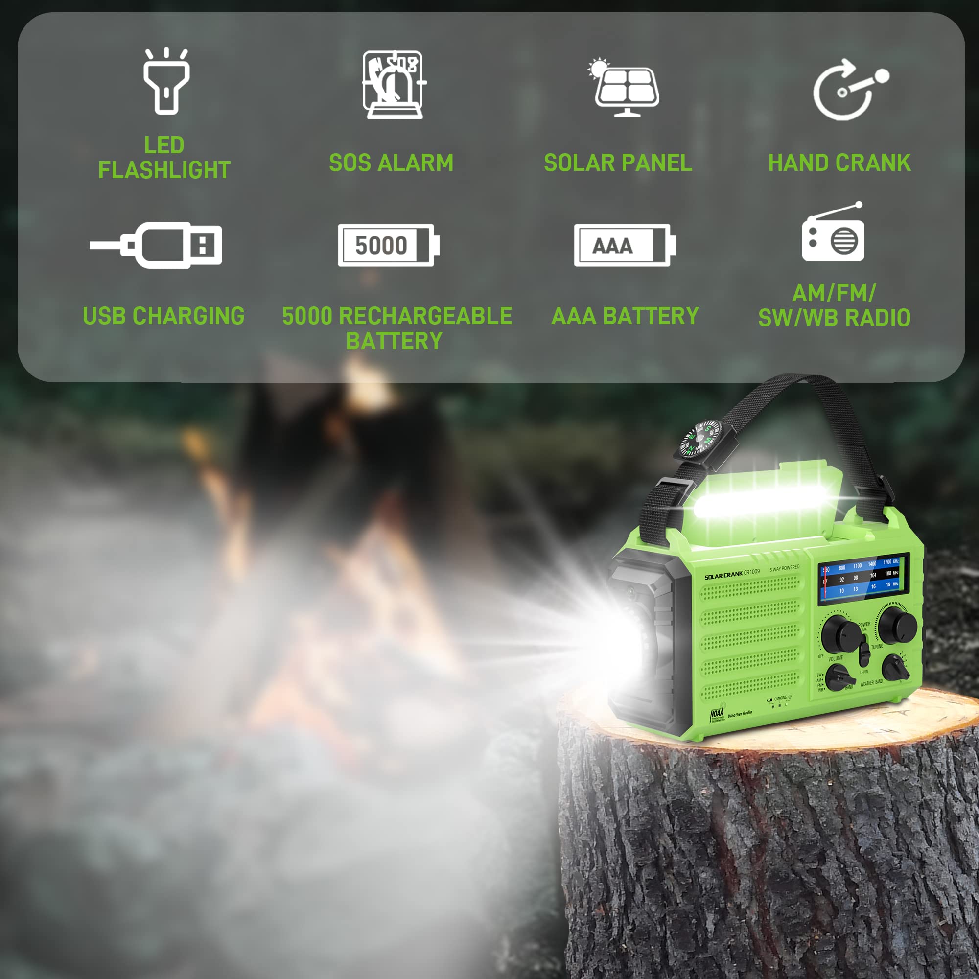 Noaa Emergency Weather Radio,5000Mah Weather Alert Radio,Solar Charging,Hand Crank & Usb Charged,Portable Am/Fm/Sw Radio With Be