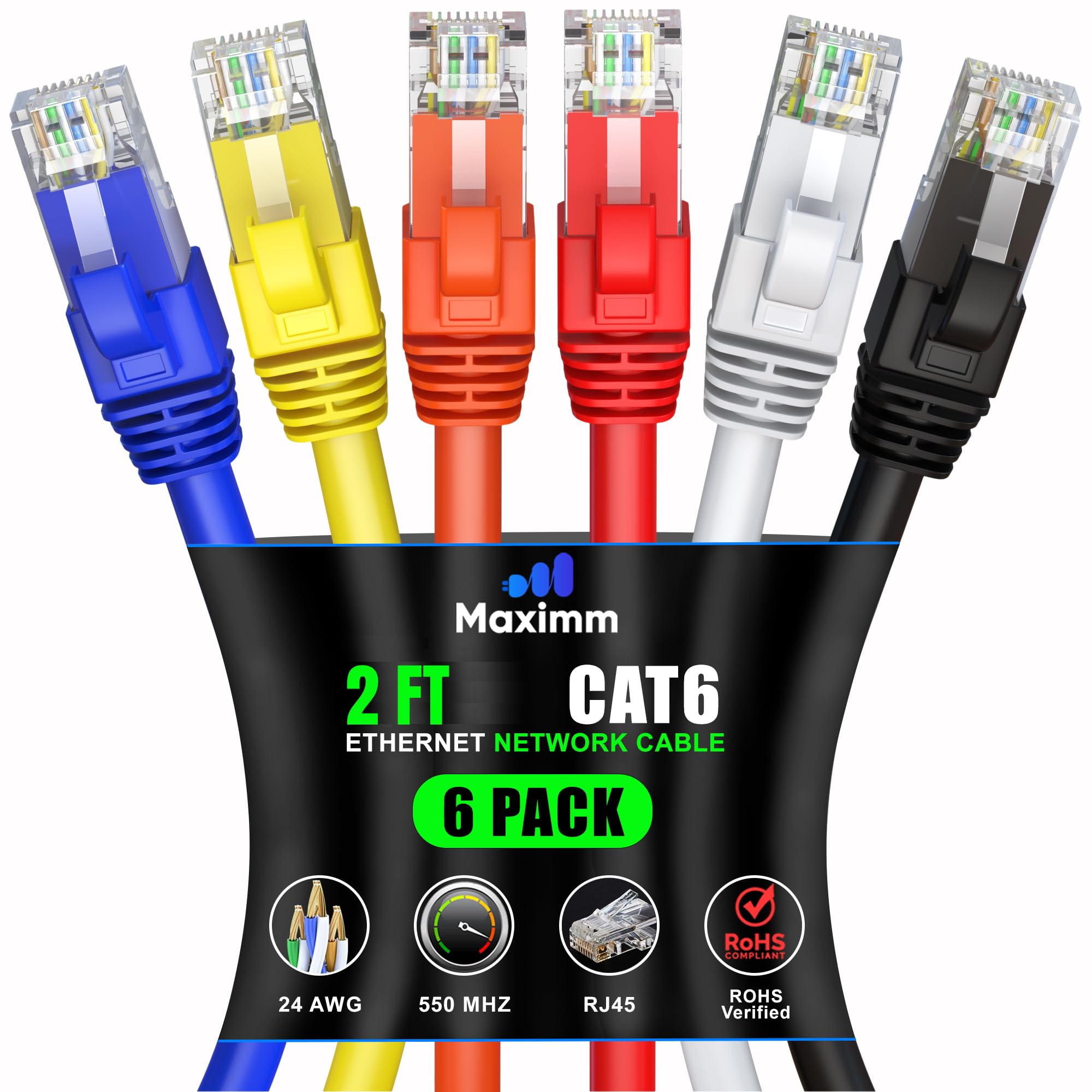 Maximm Cat 6 Ethernet Cable 2 Ft (6 Pack)   High Speed Lan Cable, Internet Cable, Patch Cable, And Network Cable   Utp, 10Gbps, 550Mhz Ethernet Cord   Multicolor