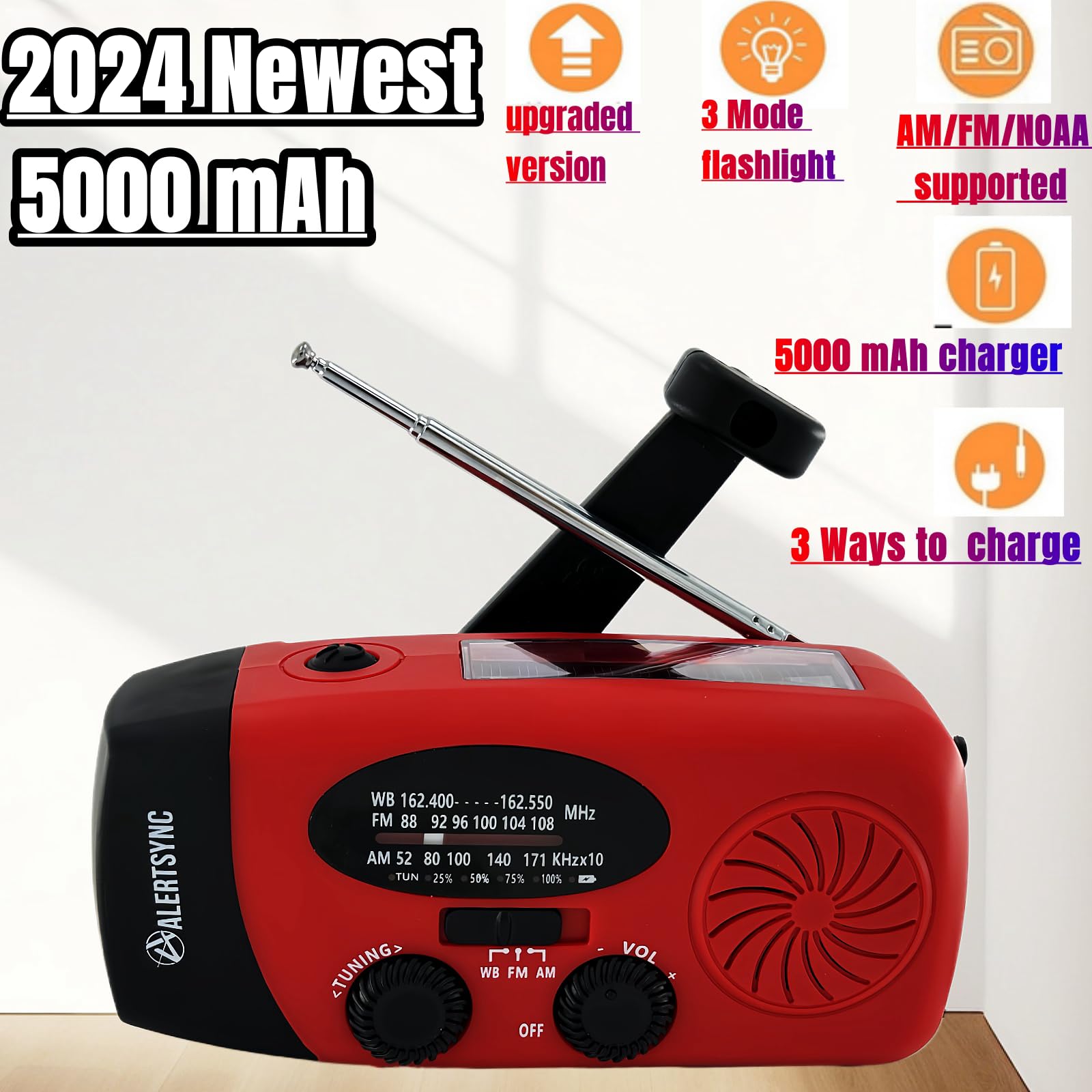 Handsider 5000Mah Hand Crank Emergency Weather Radio, Am Fm Noaa Solar Radio With Led Flashlight And Earphone Jack, Power Bank C