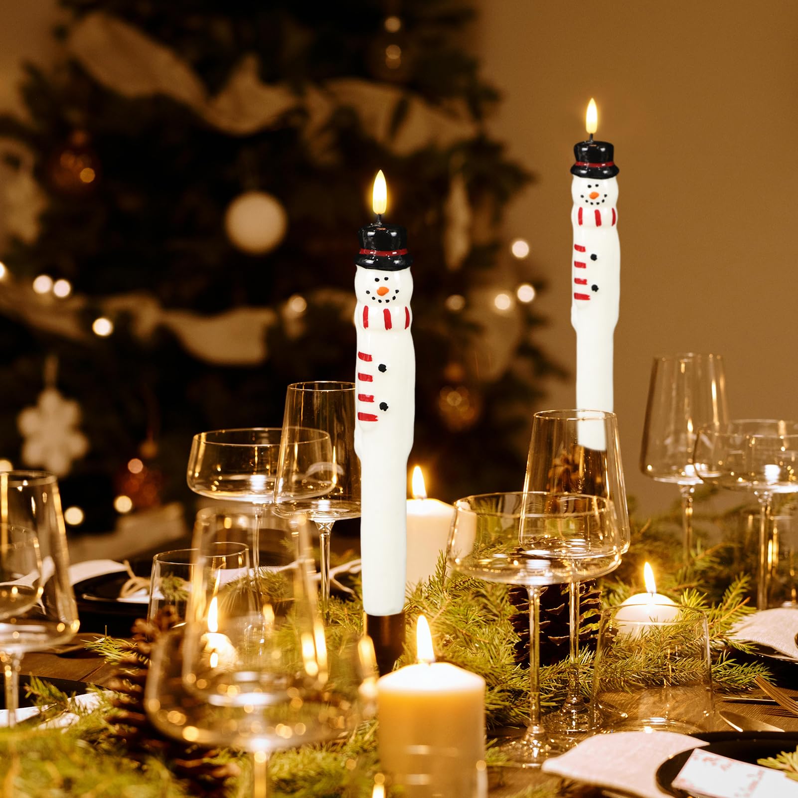 Kunswenn Christmas Taper Candles, Led Flameless Taper Candles With Timer, 2 Pcs Christmas Snowman Flameless Candlesticks With 3D