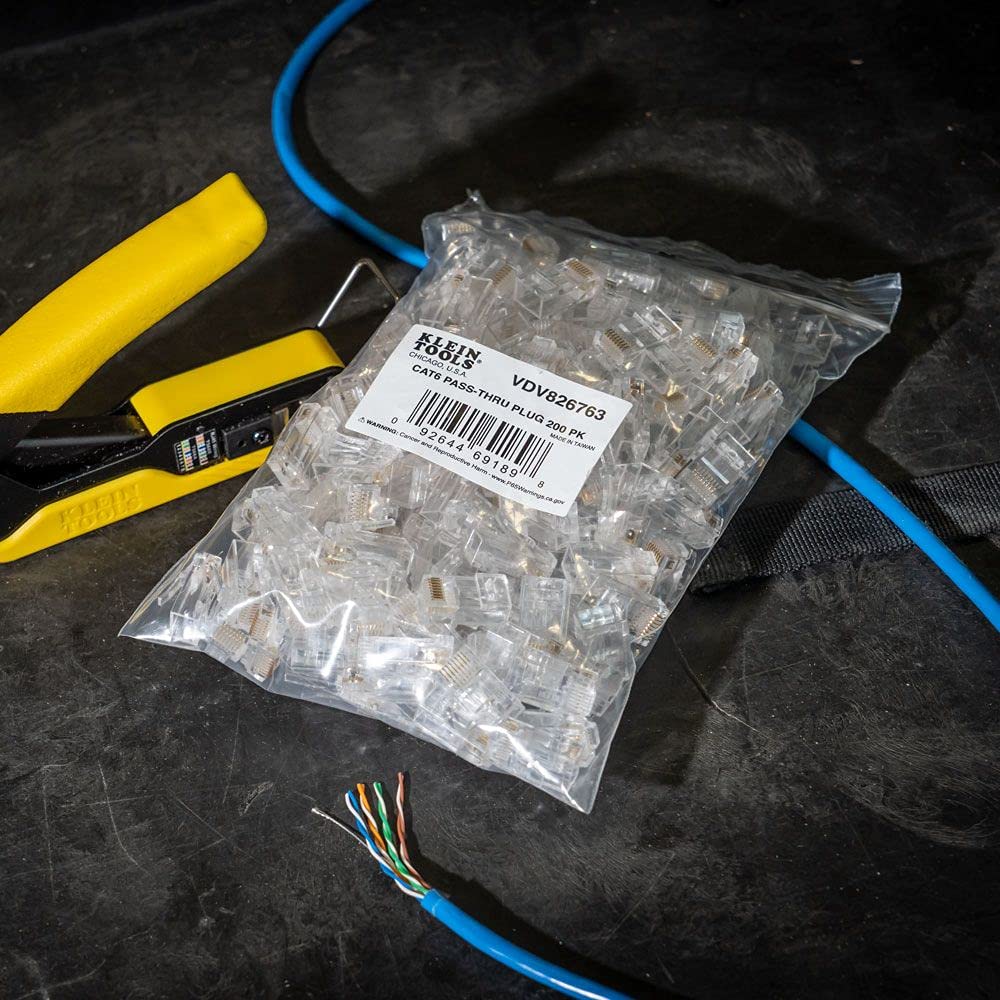 Klein Tools Vdv826 763 Pass Thru Modular Data Plug, Rj45 Cat6, Gold Plated, Pass Through Connectors 200 Pack