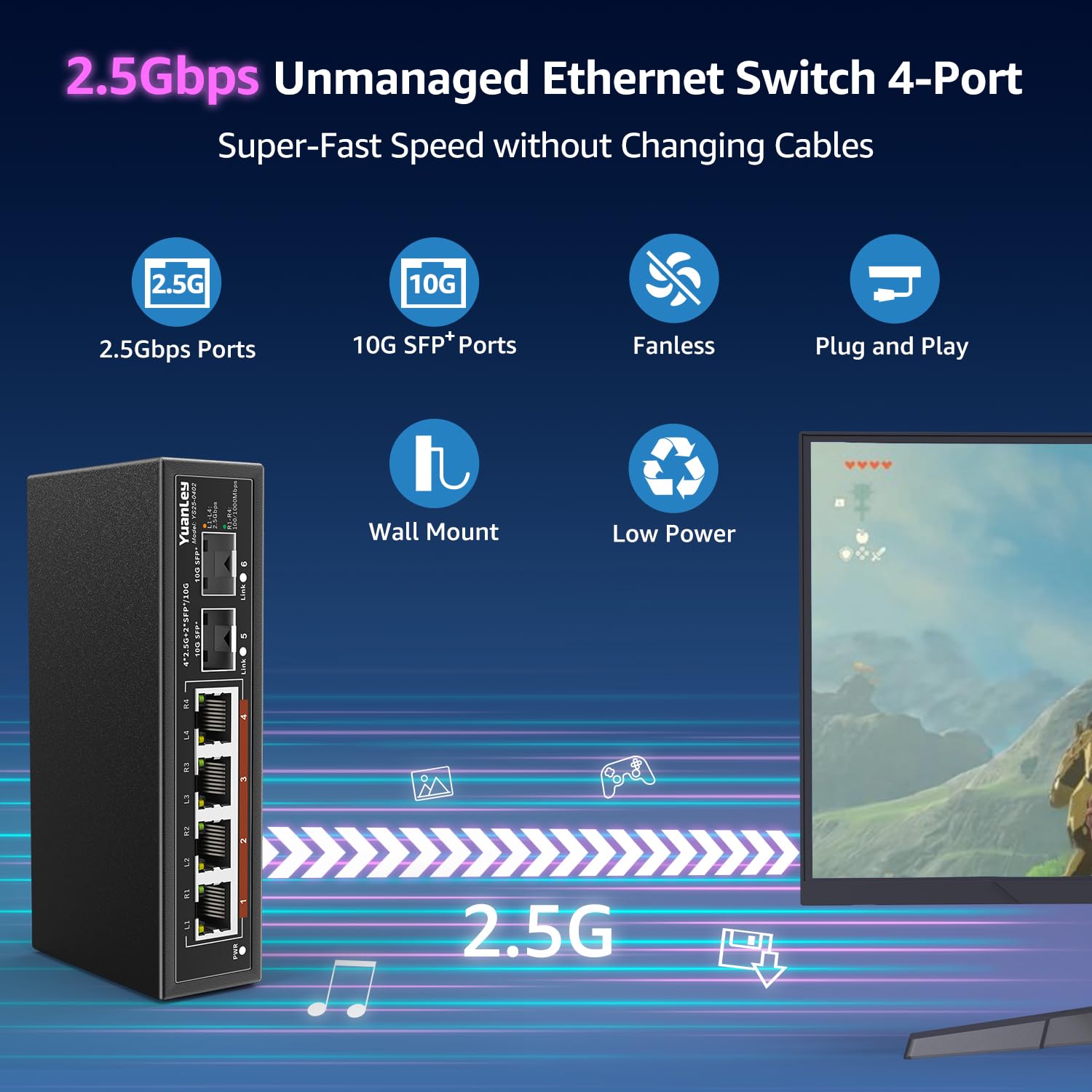 6 Port 2.5G Umanaged Ethernet Switch, 4 X 2.5G Base T Ports, 2 X 10G Sfp, Compatible With 100/1000/2500Mbps, Metal Fanless, Desk