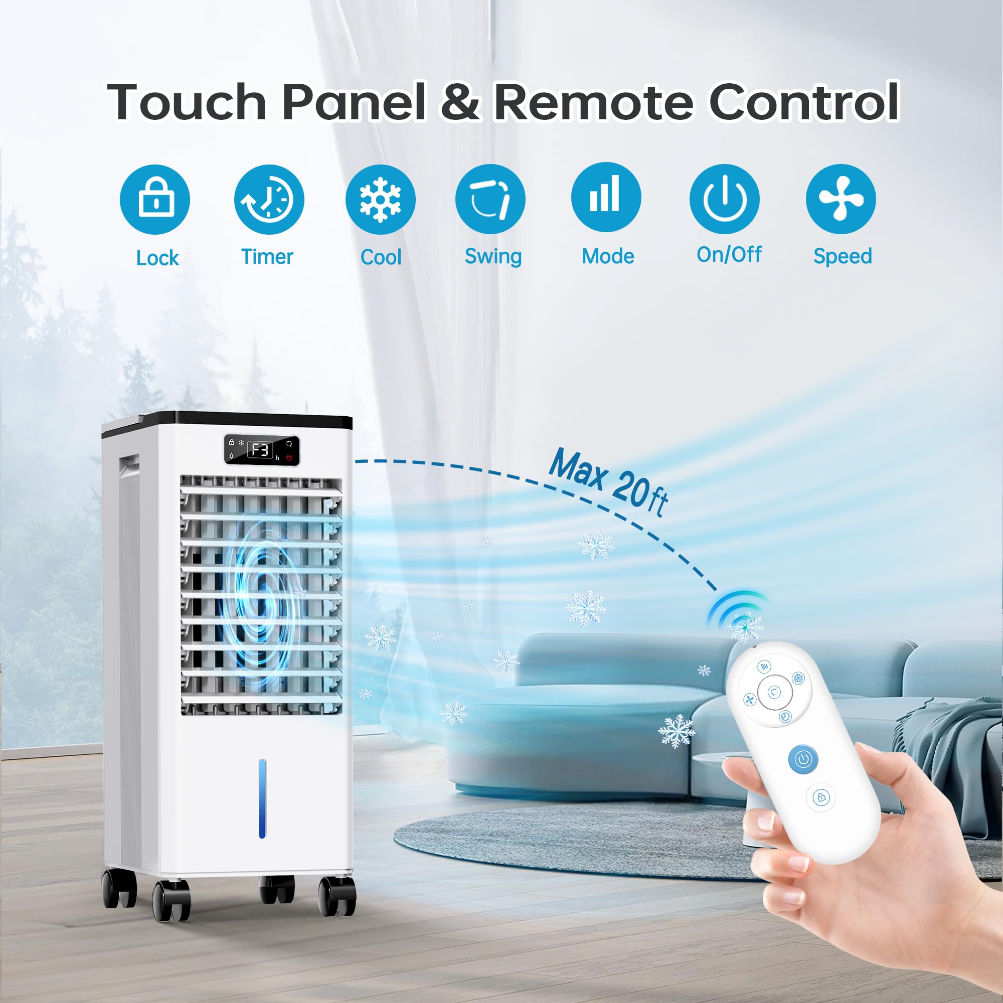 Feculs Portable Air Conditioners No Windows Needed, 3-In-1 Swamp Cooler, Evaporative Air Cooler, 4 Modes & 3 Speeds, 2-Gal Water