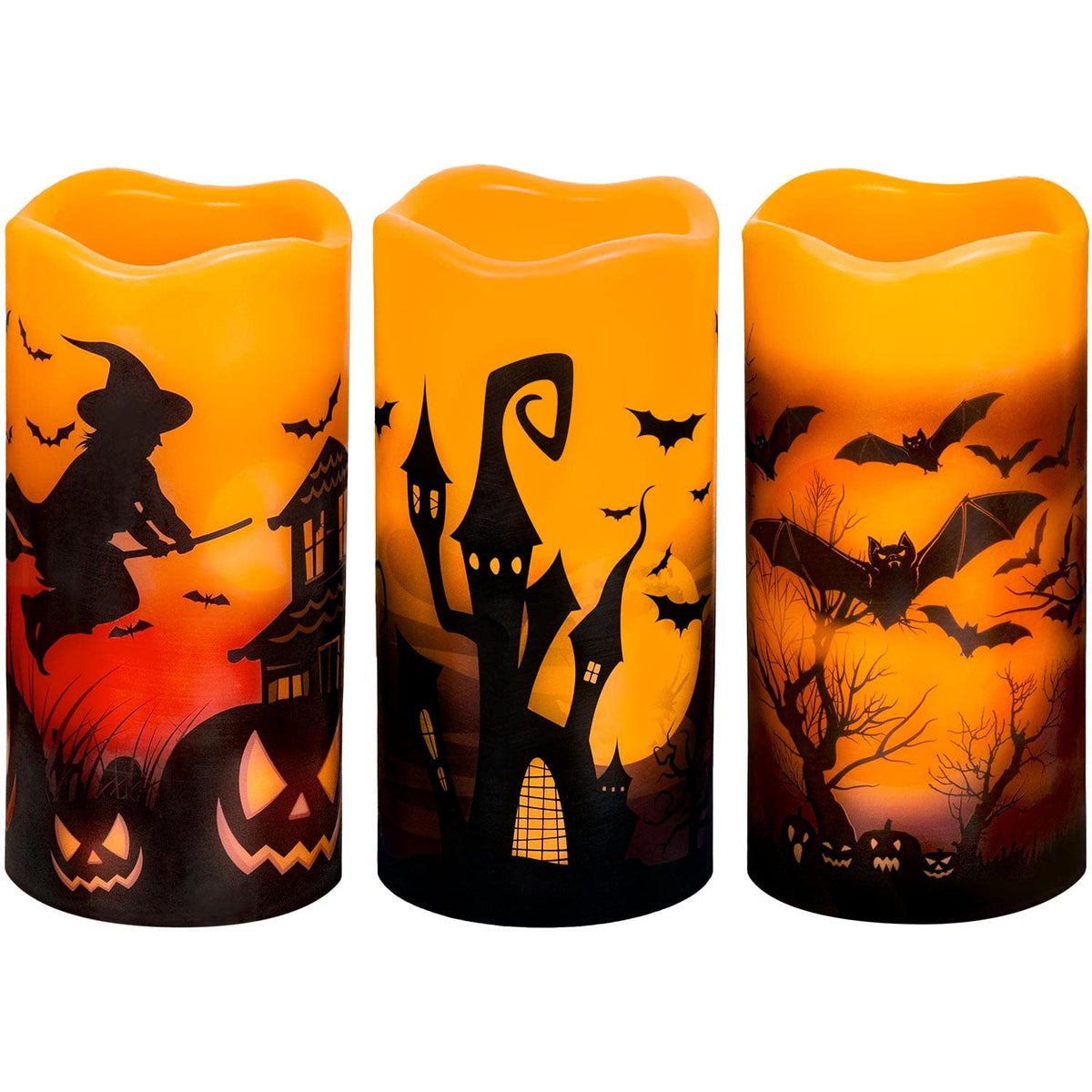 3 Pcs Battery Operated Flameless Flickering Candles With 6 Hour Timer, Real Wax Electric Led Halloween Fake Pillar Candles With 