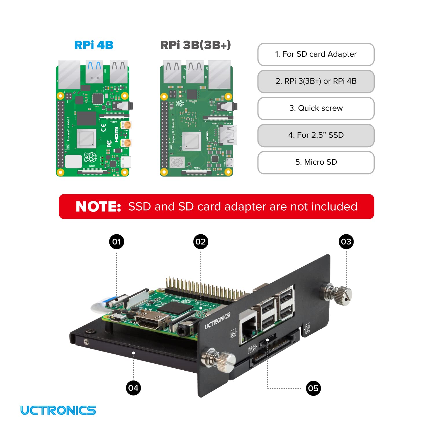 Uctronics Desktop Cluster Enclosure For Raspberry Pi, Up To 4 Pis And 2.5'' Ssd, Front Removable Trays, 12Cm Led Cooling Fan For