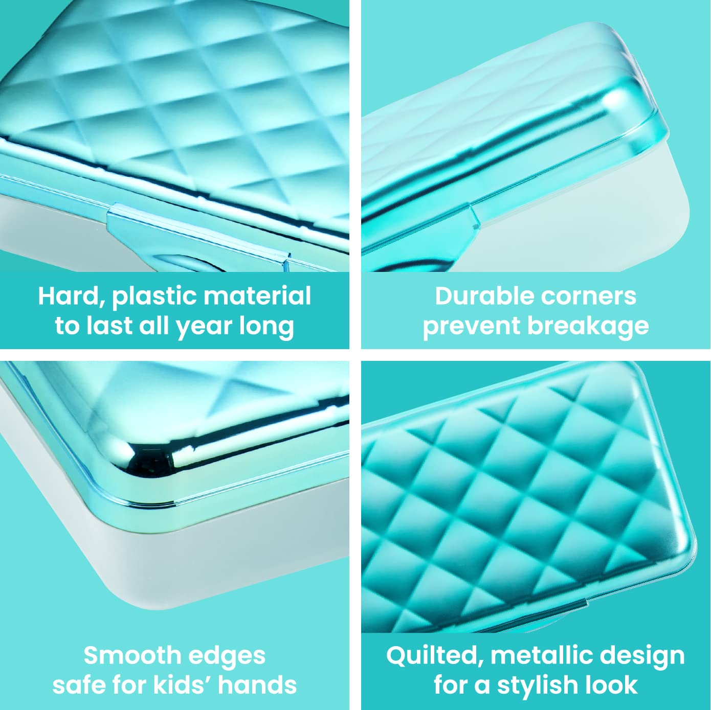 It'S Academic Metallic Pencil Case Box, Hard Plastic, Stylish Quited Pattern Lid, Blue