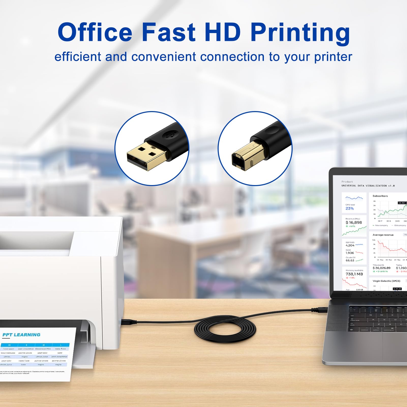 Usb Printer Cable 10Ft Type A To Usb B 2.0 Printer Scanner Cord High Speed Scanners Cable Compatible With Hp, Canon, Dell, Epson