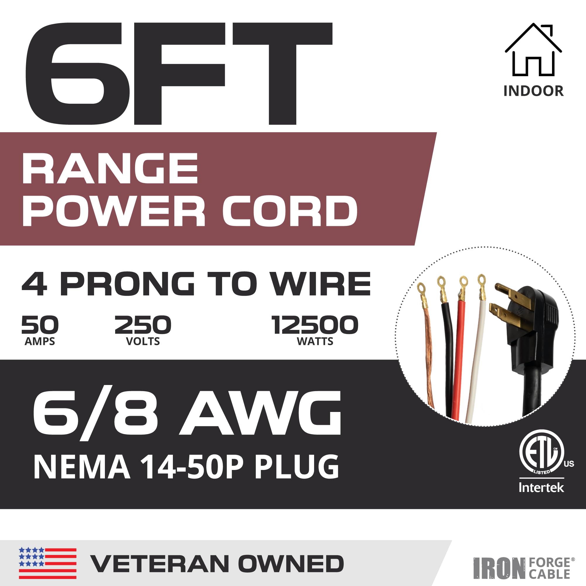 Iron Forge Cable 4 Prong Range Cord 6 Ft   50 Amp Extension Cord 6 Foot, Nema 14 50 Plug, 6/8 Range & Stove Cord 4 Prong Srdt, 1