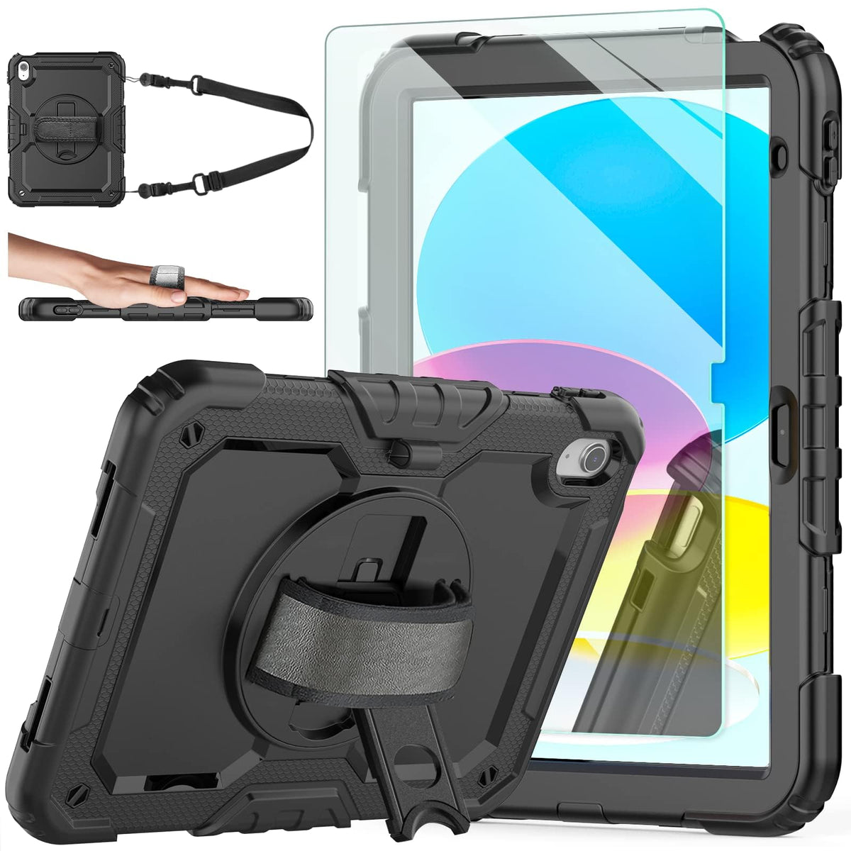 Ambison Ipad 10Th/11Th Generation Case 10.9/11, Heavy Duty Shockproof Cover With 9H Tempered Glass Screen Protector, 360° Rotatable Kickstand & Hand Strap | Kid-Proof Design For Ipad 2022/2025-Black